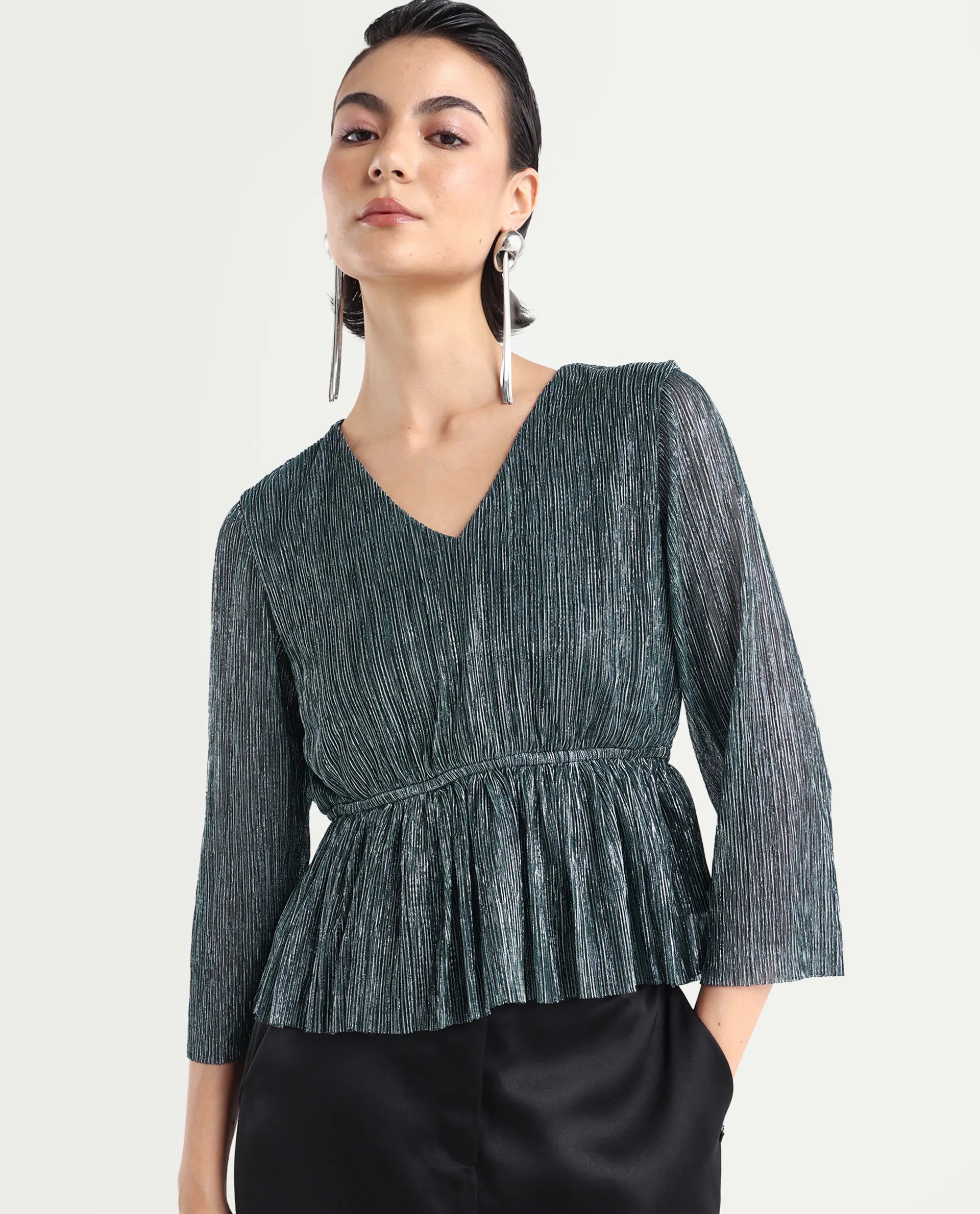 Rareism Women's Odim Metalic Silver Polyester V-Neck Shimmer Regular Fit Top