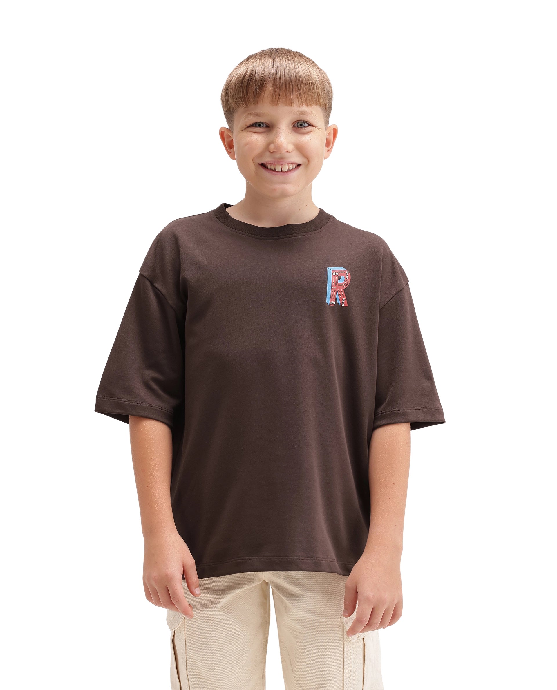 Rare Ones Kids Odin Dark Brown Cotton Pull-On Closure Puff Print Boxy Fit T-Shirt