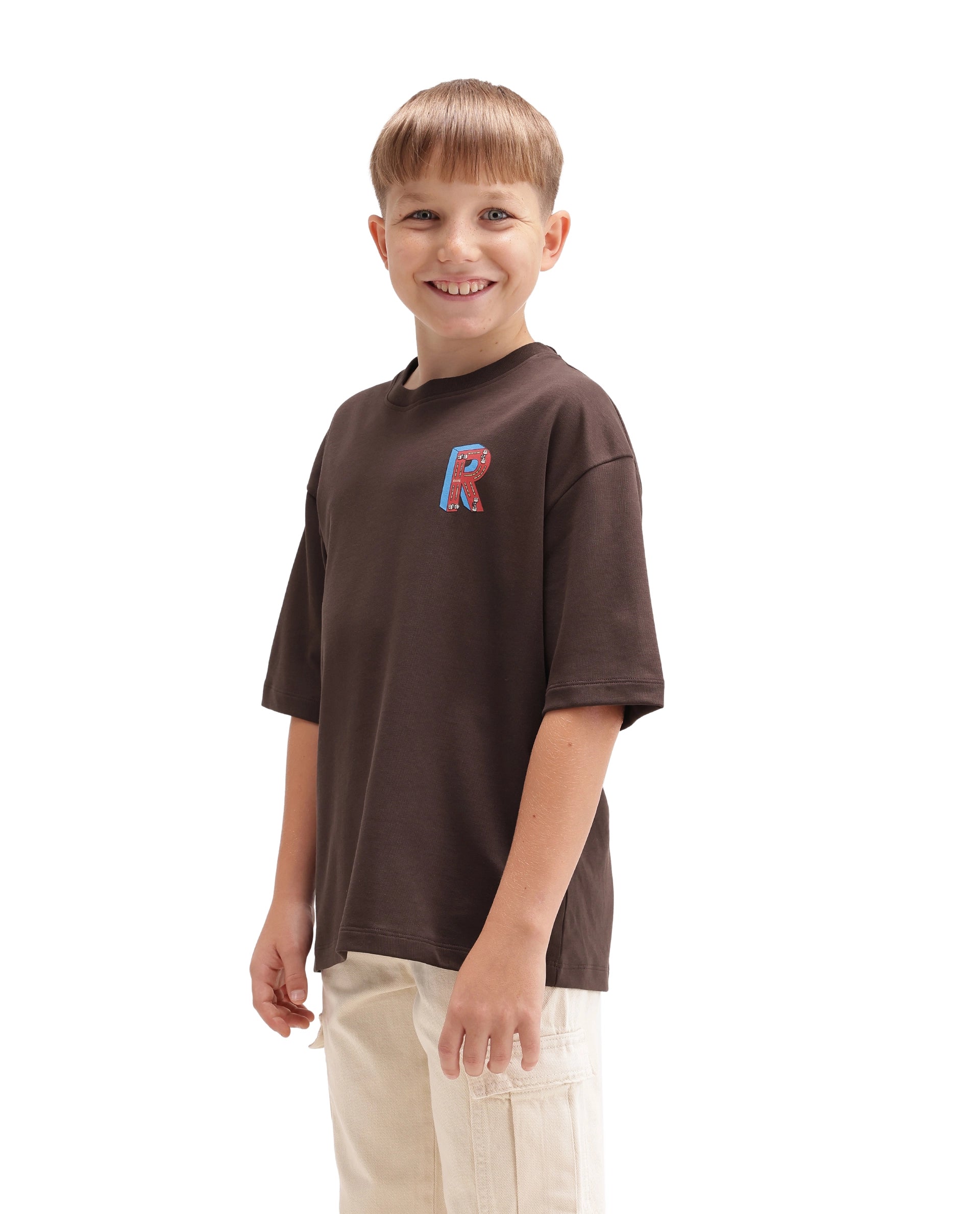Rare Ones Kids Odin Dark Brown Cotton Pull-On Closure Puff Print Boxy Fit T-Shirt