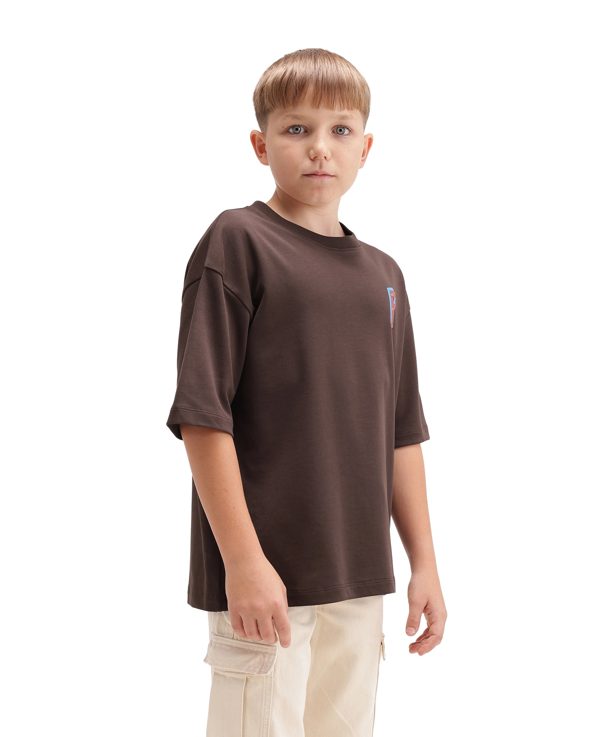 Rare Ones Kids Odin Dark Brown Cotton Pull-On Closure Puff Print Boxy Fit T-Shirt