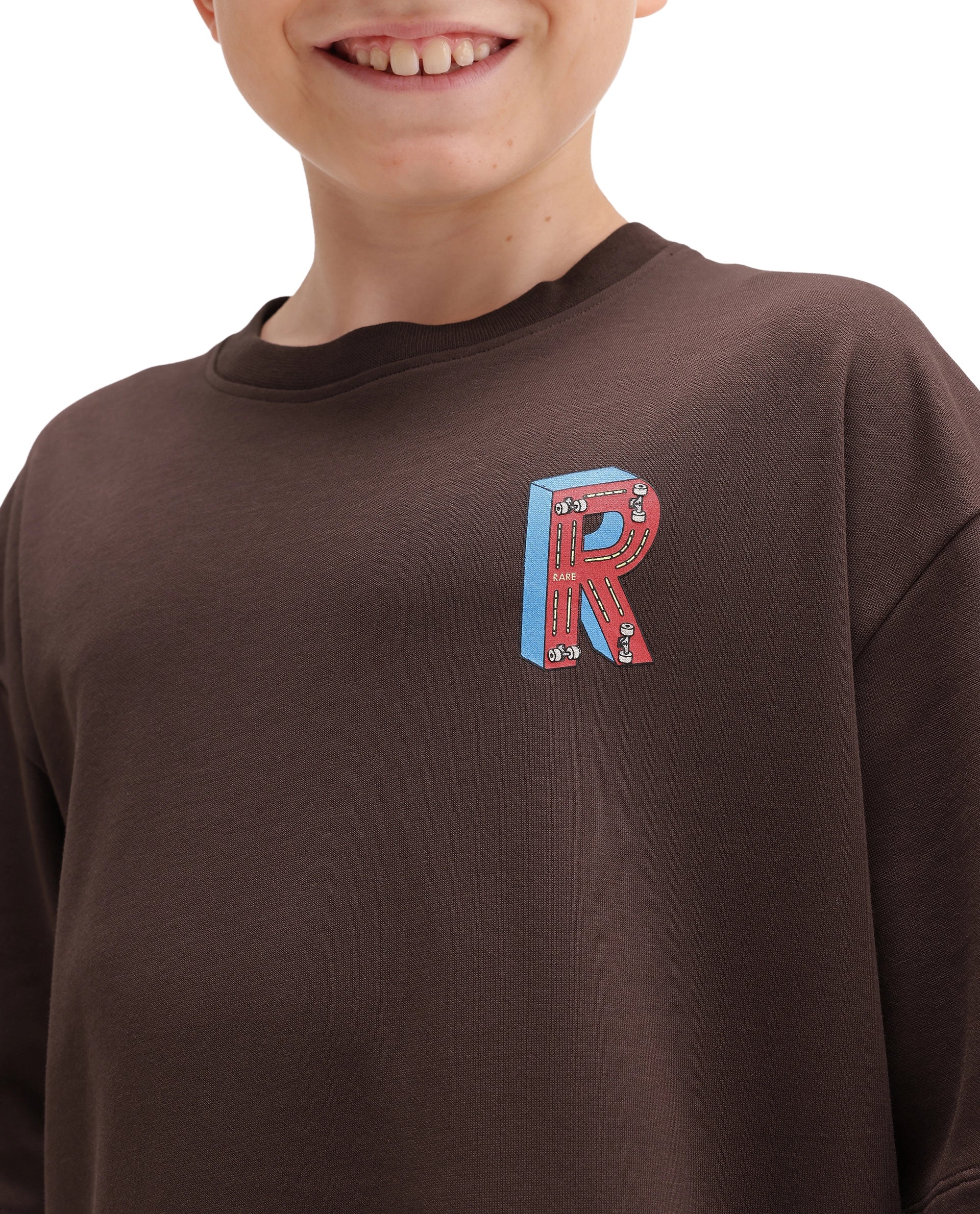 Rare Ones Kids Odin Dark Brown Cotton Pull-On Closure Puff Print Boxy Fit T-Shirt
