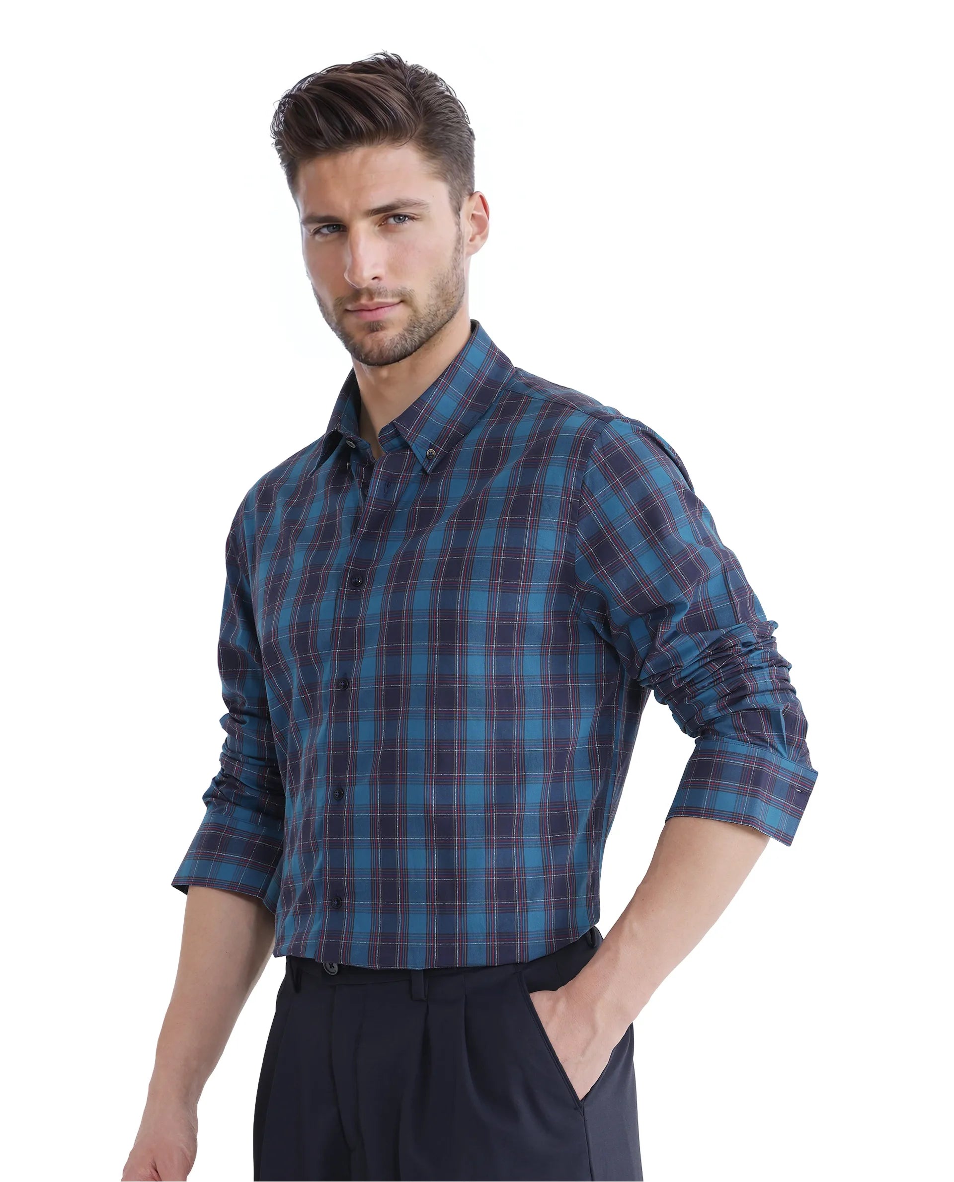 Rare Rabbit Men's Odra Blue Cotton Fabric Long Sleeve Check Shirt