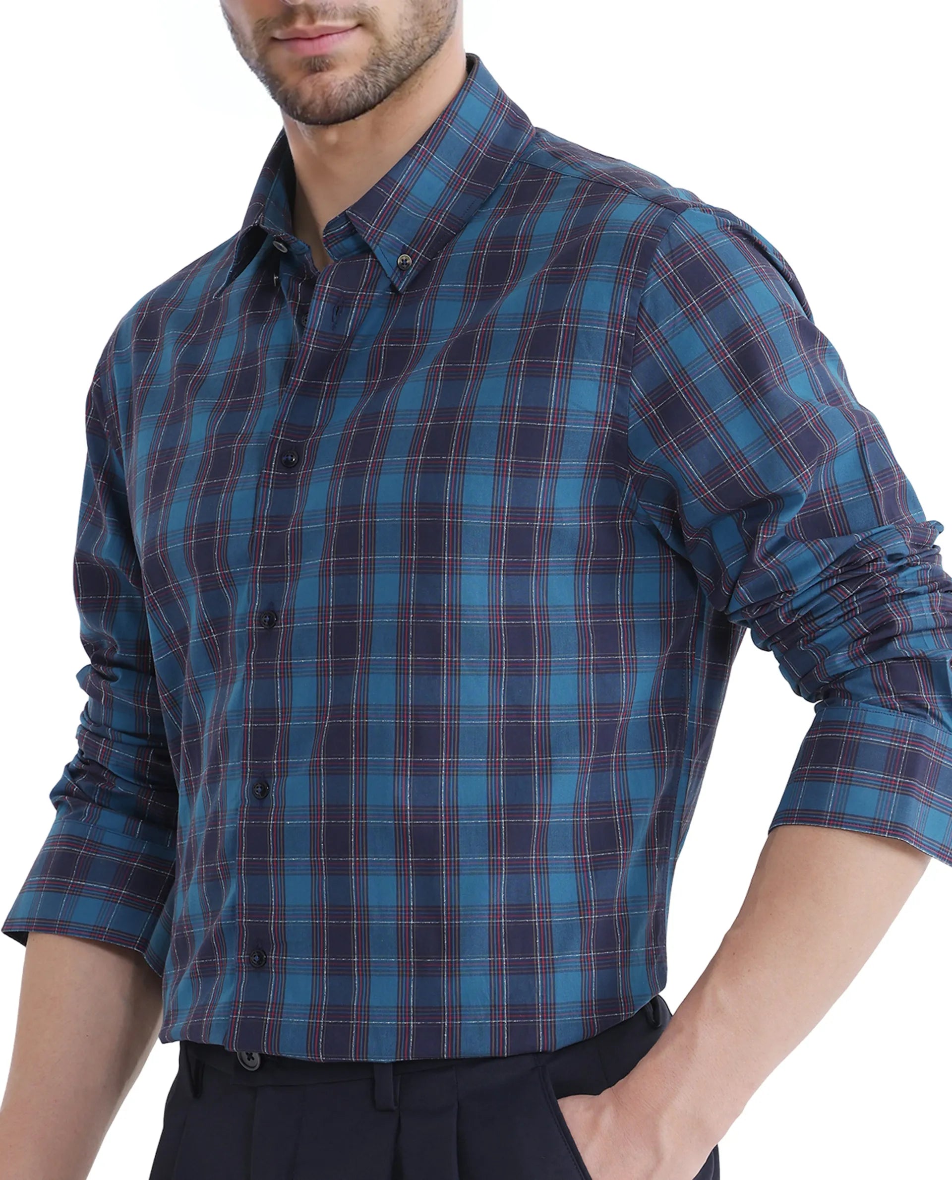 Rare Rabbit Men's Odra Blue Cotton Fabric Long Sleeve Check Shirt