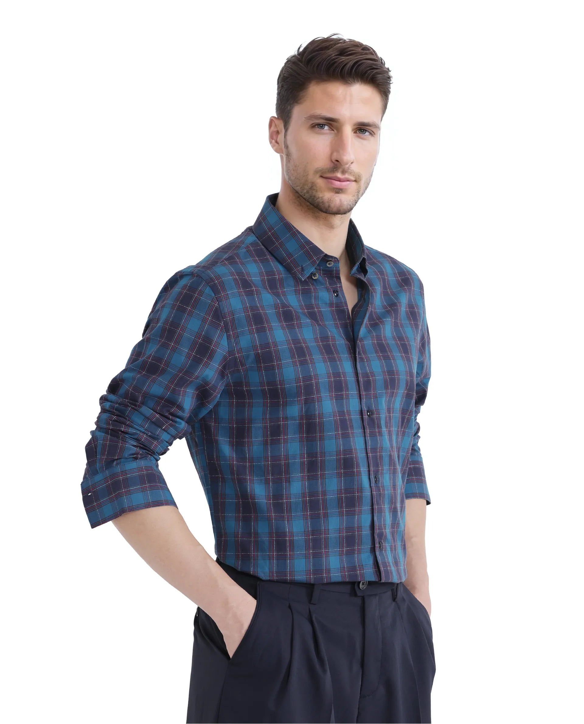 Rare Rabbit Men's Odra Blue Cotton Fabric Long Sleeve Check Shirt