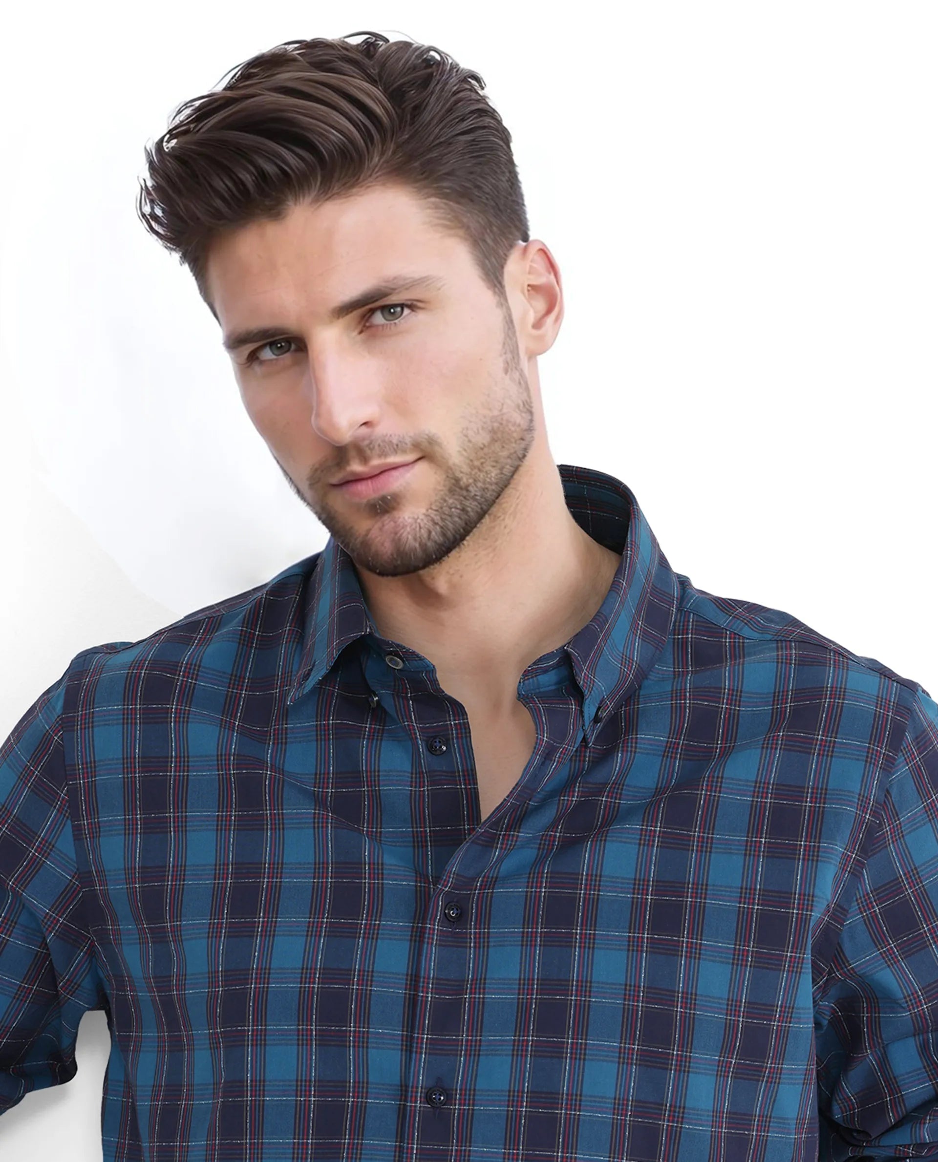 Rare Rabbit Men's Odra Blue Cotton Fabric Long Sleeve Check Shirt