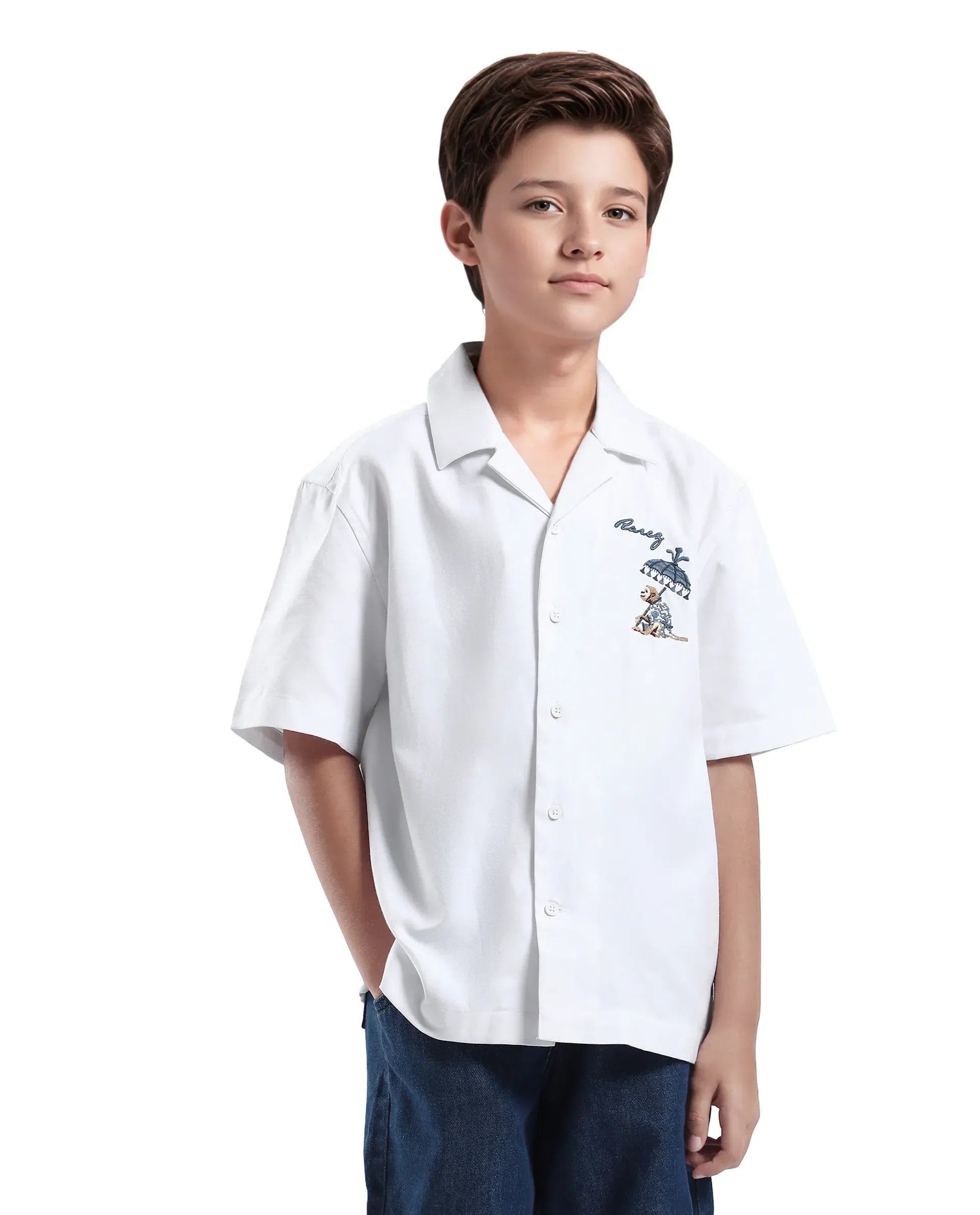 Rare Ones Kids Ofo White Cotton Blend Full Sleeve Button Embroidered Regular Fit Shirt