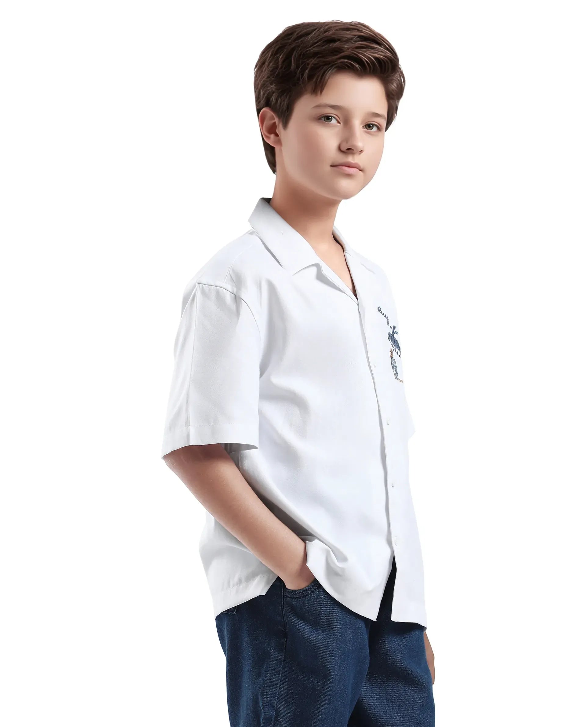 Rare Ones Kids Ofo White Cotton Blend Full Sleeve Button Embroidered Regular Fit Shirt
