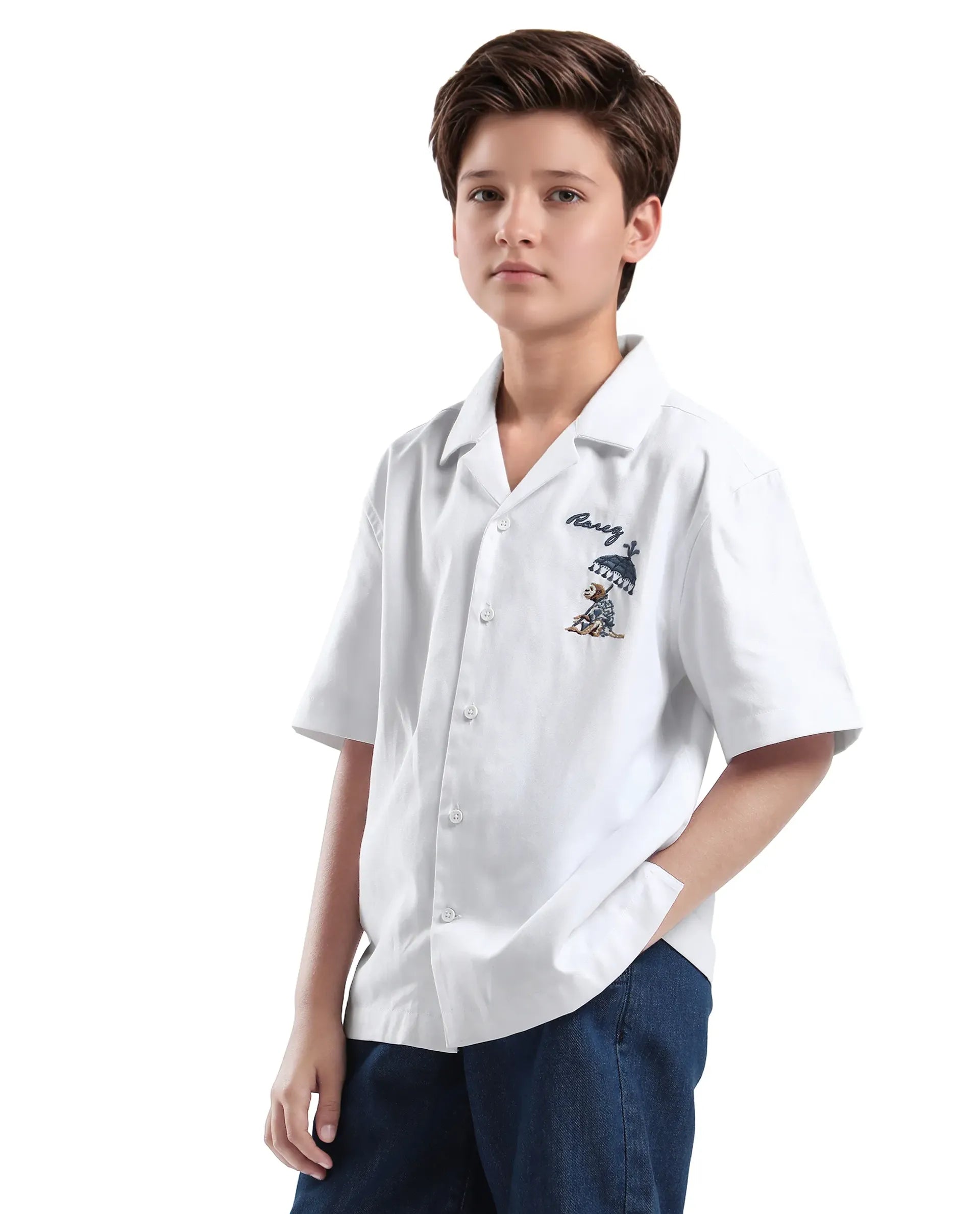 Rare Ones Kids Ofo White Cotton Blend Full Sleeve Button Embroidered Regular Fit Shirt
