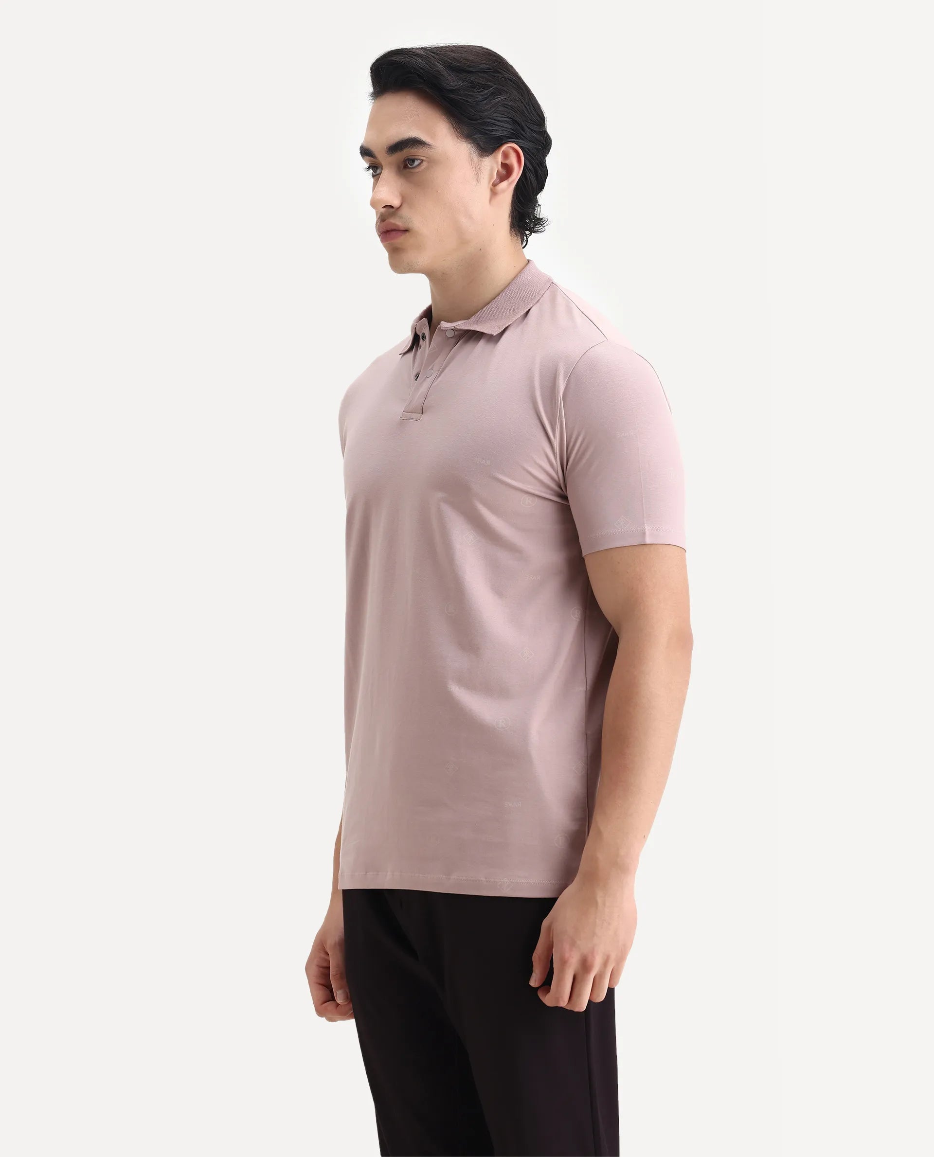 Rare Rabbit Men's Ogram Dusky Pink Cotton Monogram Print Regular Fit Half Sleeve Polo