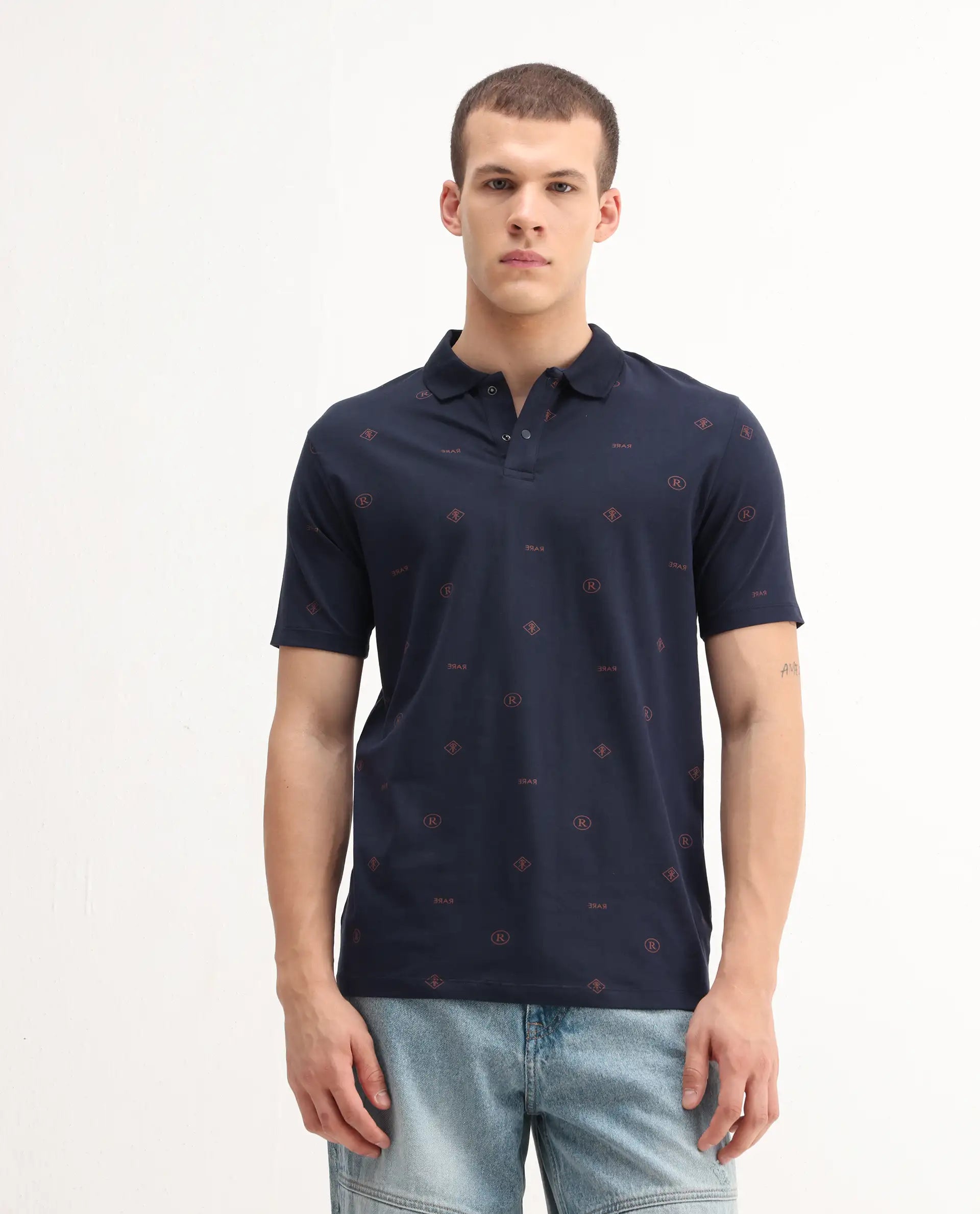 Rare Rabbit Men's Ogram Navy Cotton Monogram Print Regular Fit Half Sleeve Polo
