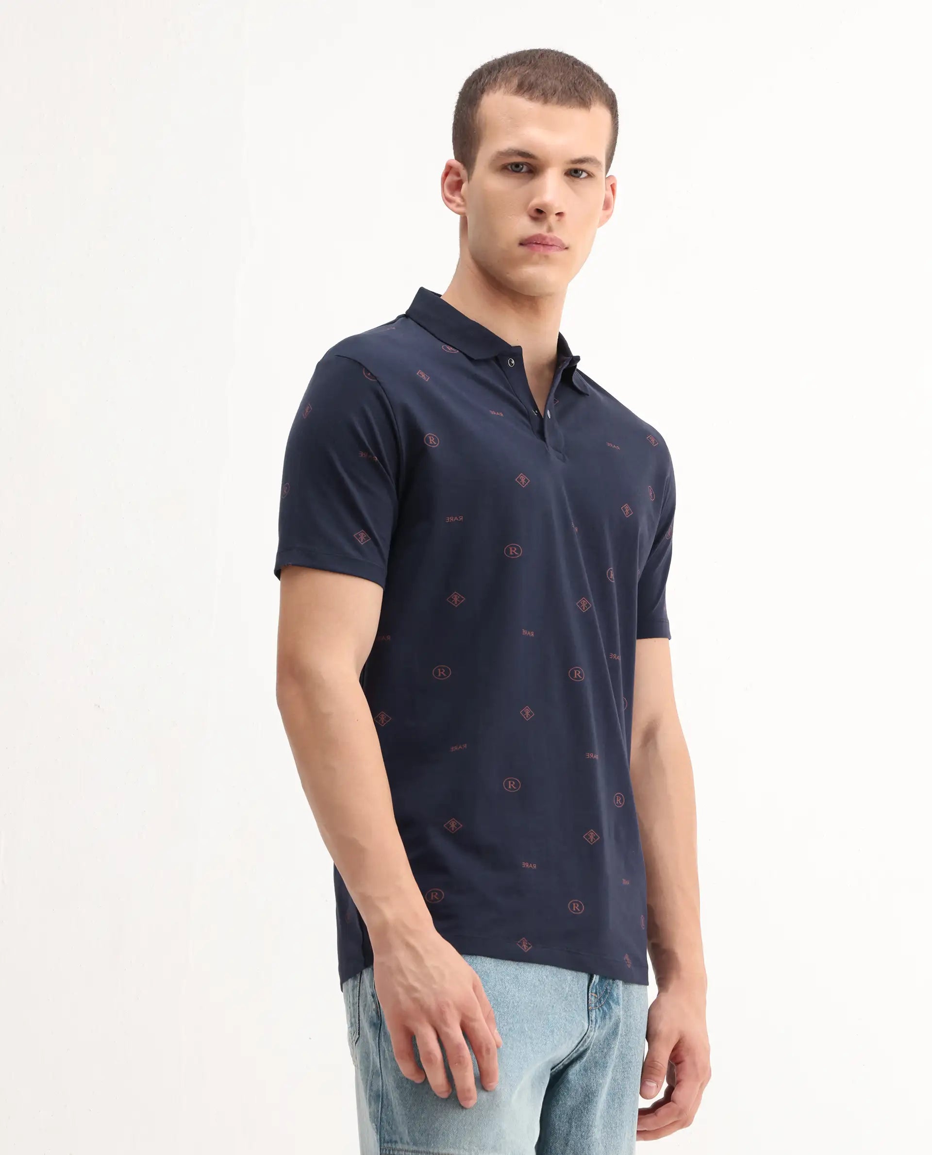 Rare Rabbit Men's Ogram Navy Cotton Monogram Print Regular Fit Half Sleeve Polo