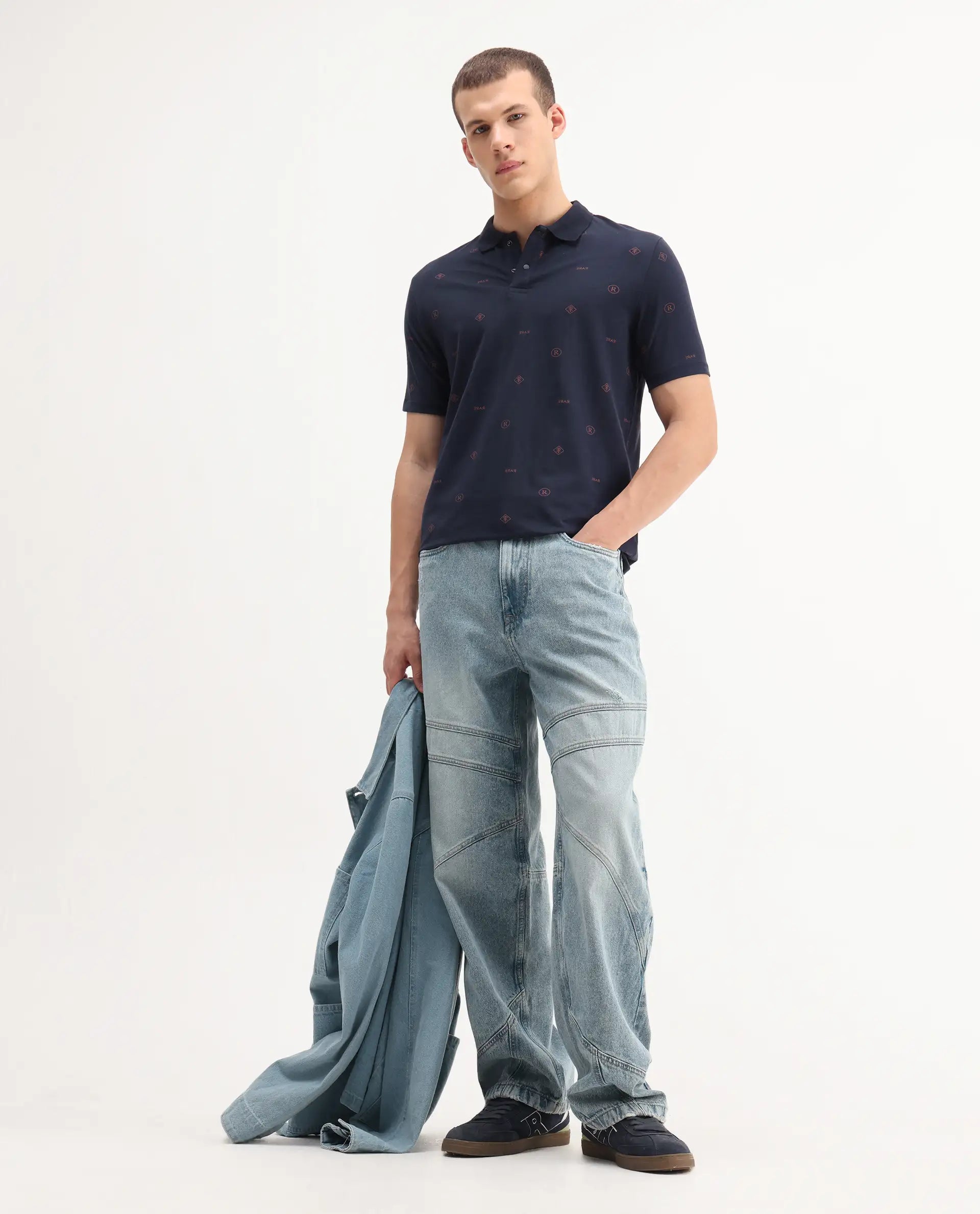 Rare Rabbit Men's Ogram Navy Cotton Monogram Print Regular Fit Half Sleeve Polo