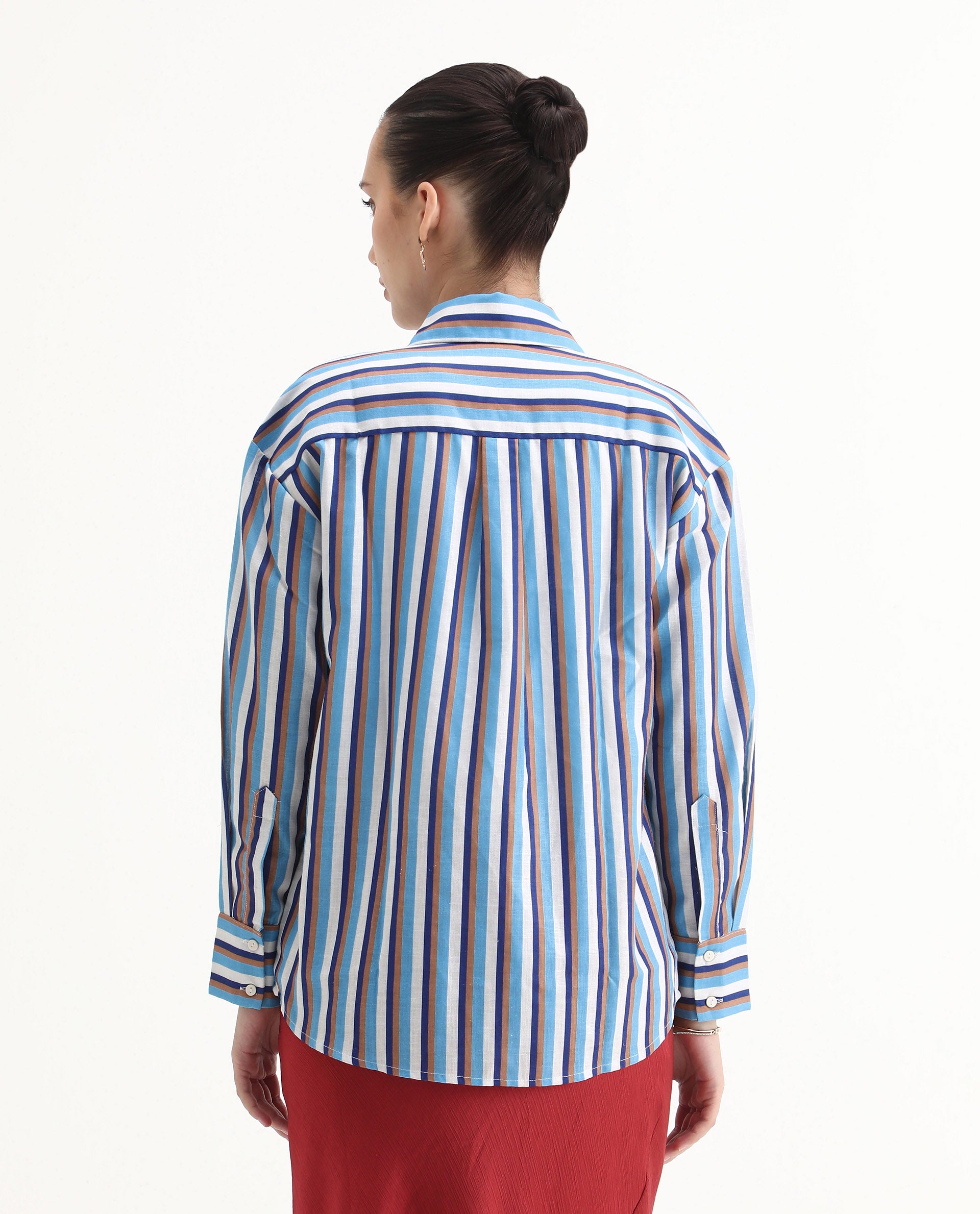 Rareism Women's Oharau Blue Polyester Drop Collar Striped Cuffed Sleeve Regular Fit Top