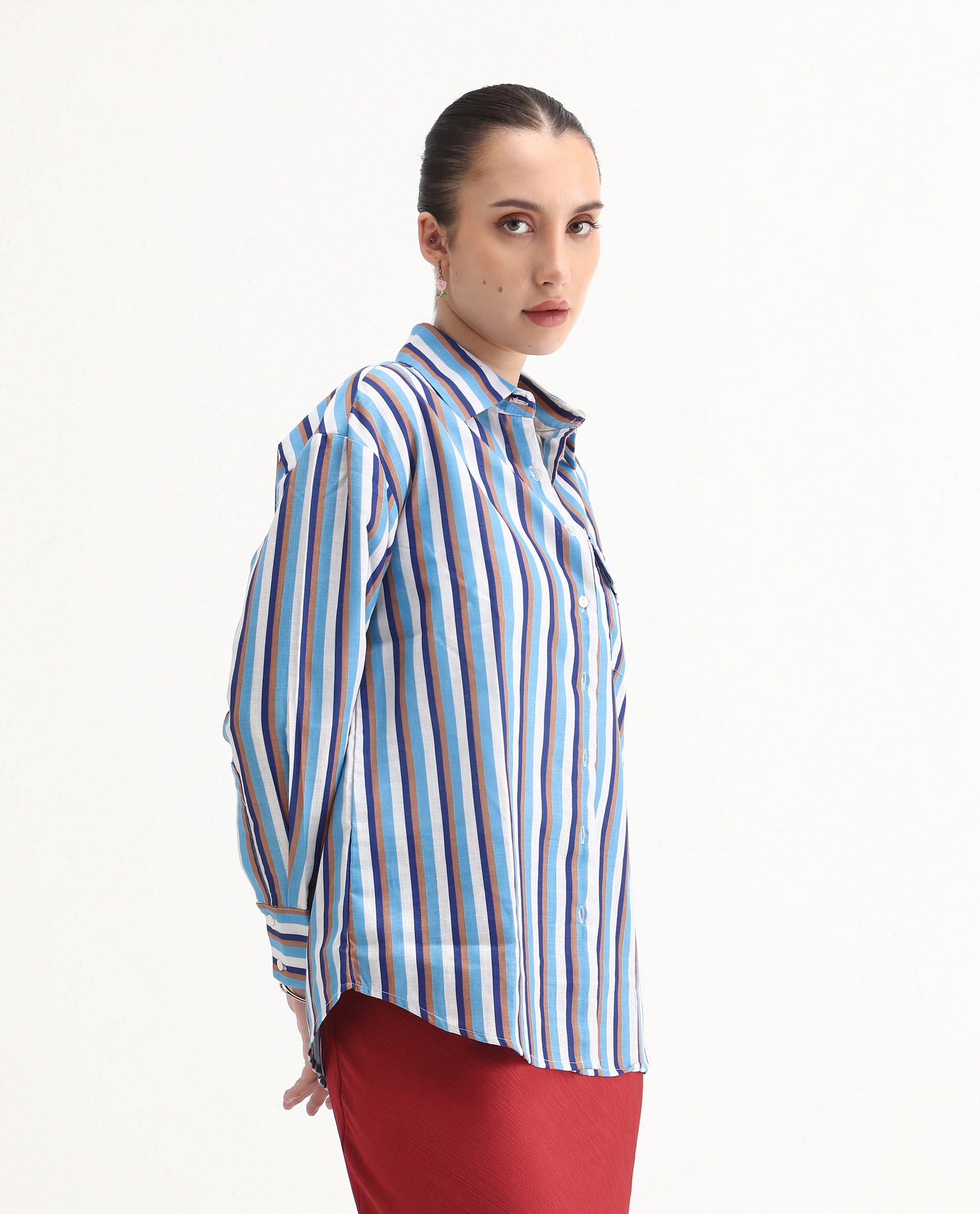 Rareism Women's Oharau Blue Polyester Drop Collar Striped Cuffed Sleeve Regular Fit Top