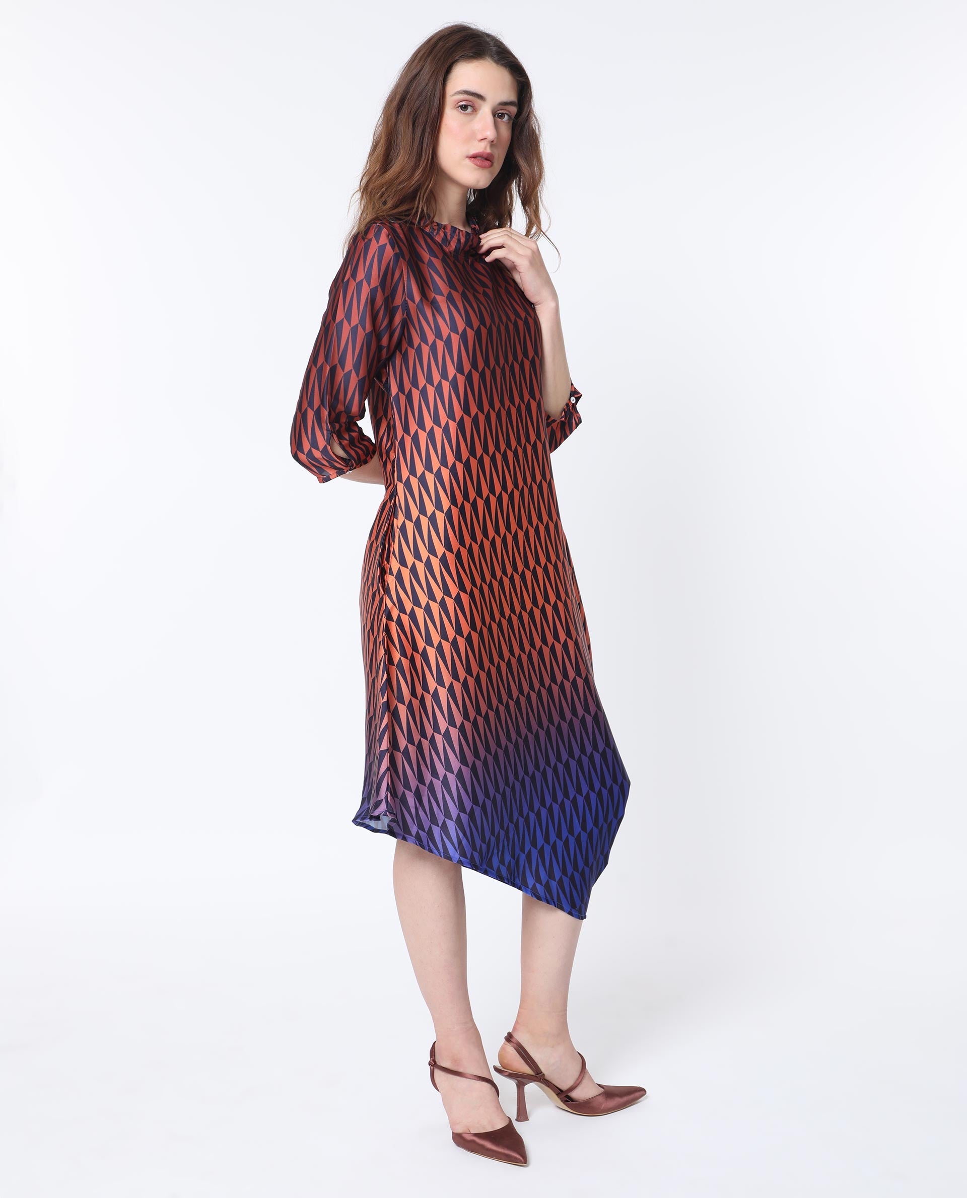 Rareism Women Ohren Multi Polyester Fabric 3/4Th Sleeves Zip Closure High Neck Relaxed Fit Geometric Print Midi Asymmetric Dress