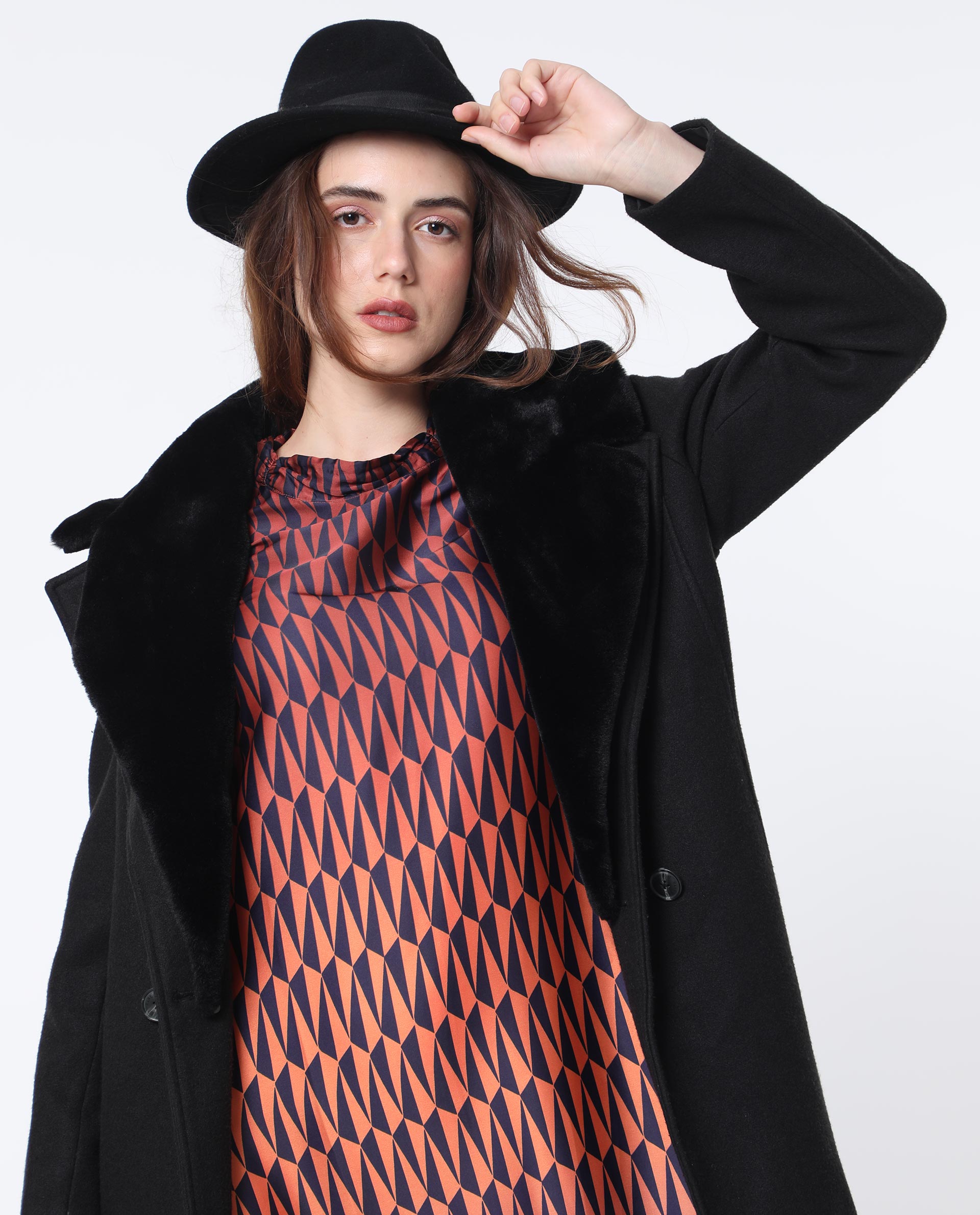 Rareism Women Ohren Multi Polyester Fabric 3/4Th Sleeves Zip Closure High Neck Relaxed Fit Geometric Print Midi Asymmetric Dress