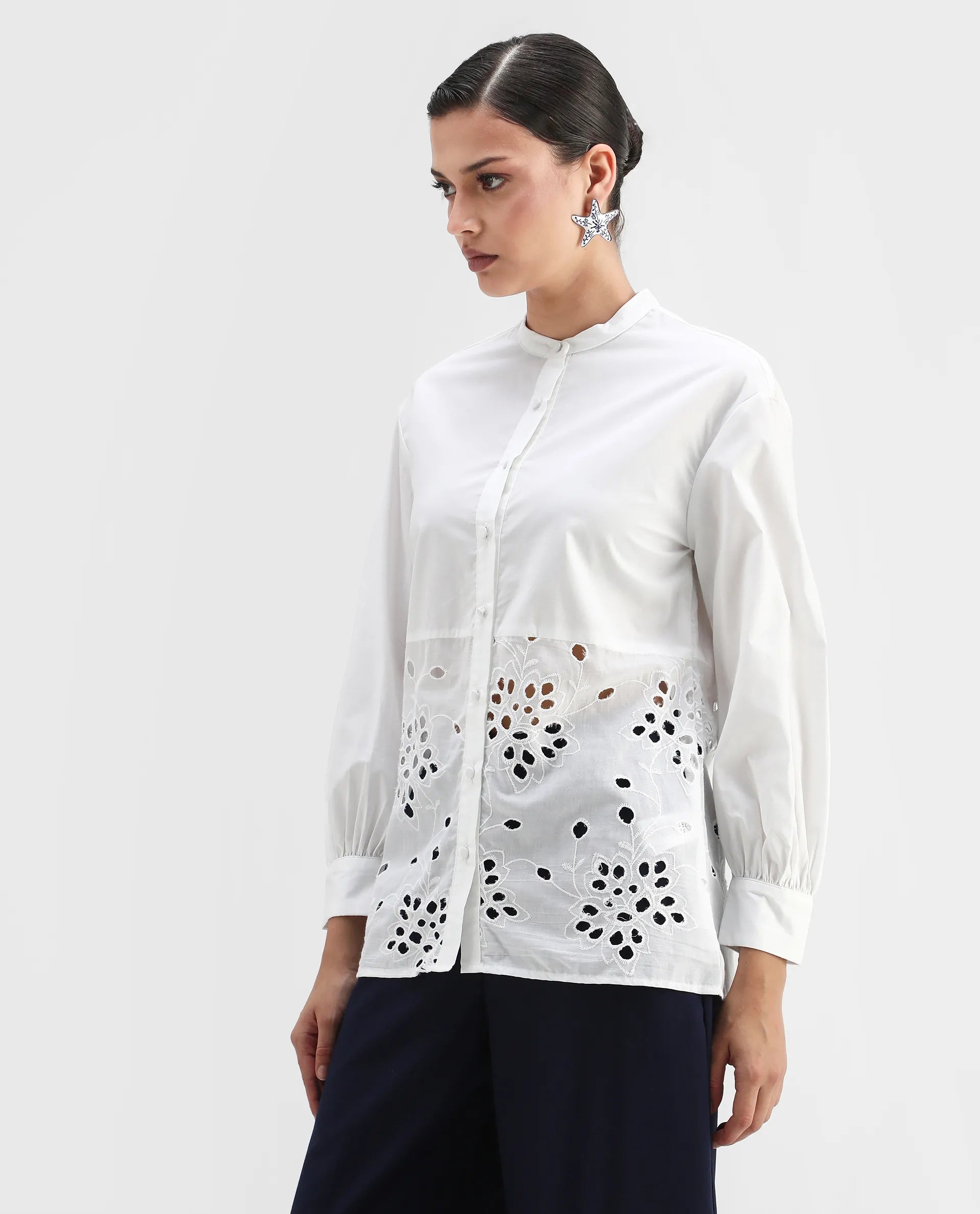 Rareism Women's Oia White Cotton Mandarin Collar Plain Cuffed Sleeve Relaxed Fit Top