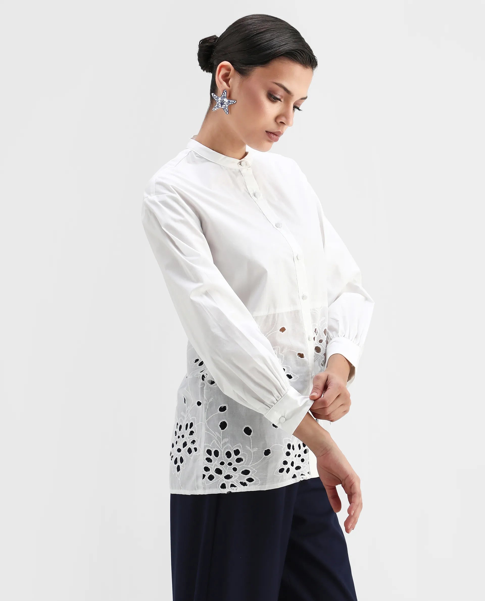 Rareism Women's Oia White Cotton Mandarin Collar Plain Cuffed Sleeve Relaxed Fit Top