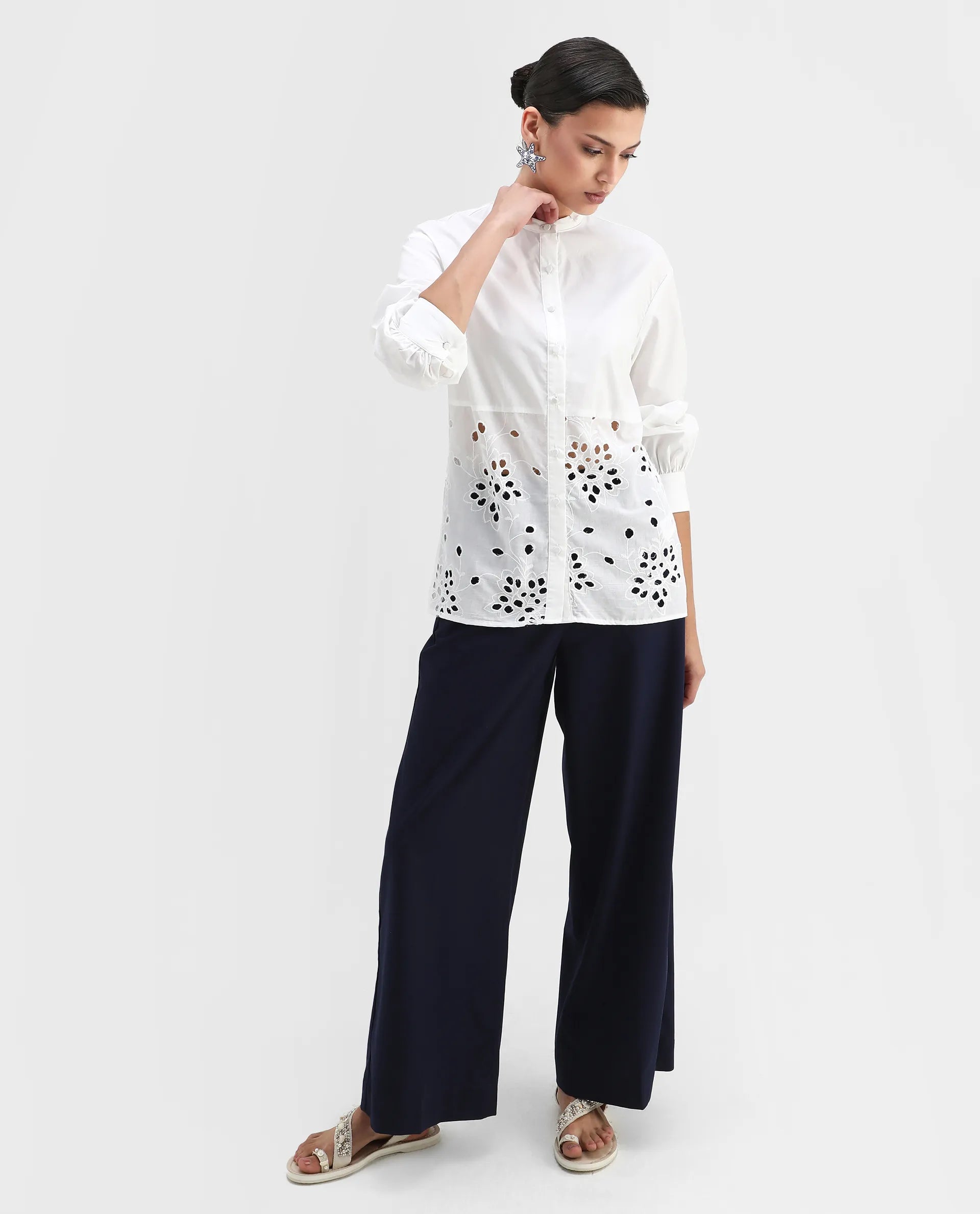 Rareism Women's Oia White Cotton Mandarin Collar Plain Cuffed Sleeve Relaxed Fit Top