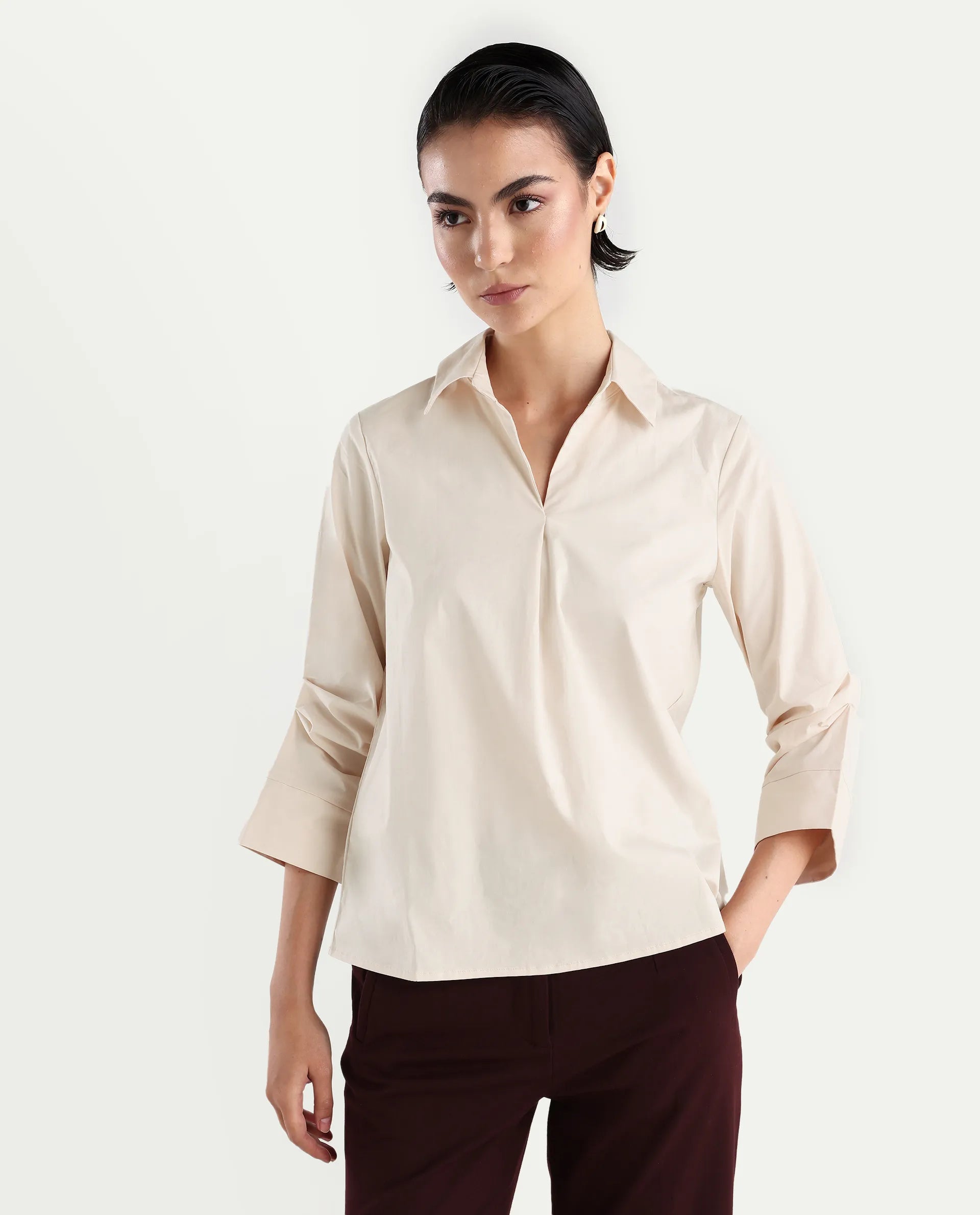 Rareism Women's Oilip Beige Cotton Blend V-Neck Plain Slit Sleeve Regular Fit Top