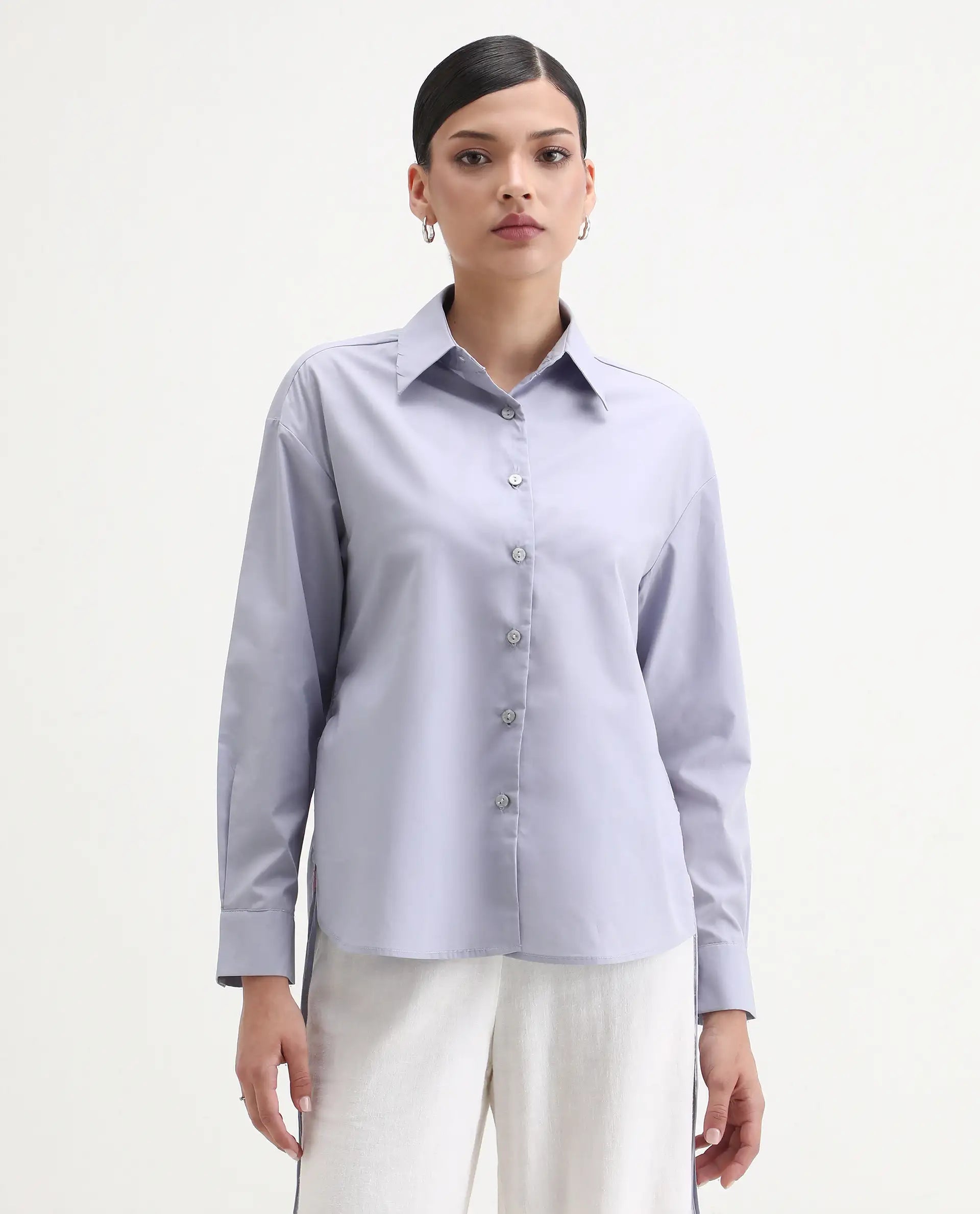 Rareism Women's Oisin Light Grey Cotton Spread Collar Plain Cuffed Sleeve Regular Fit Top