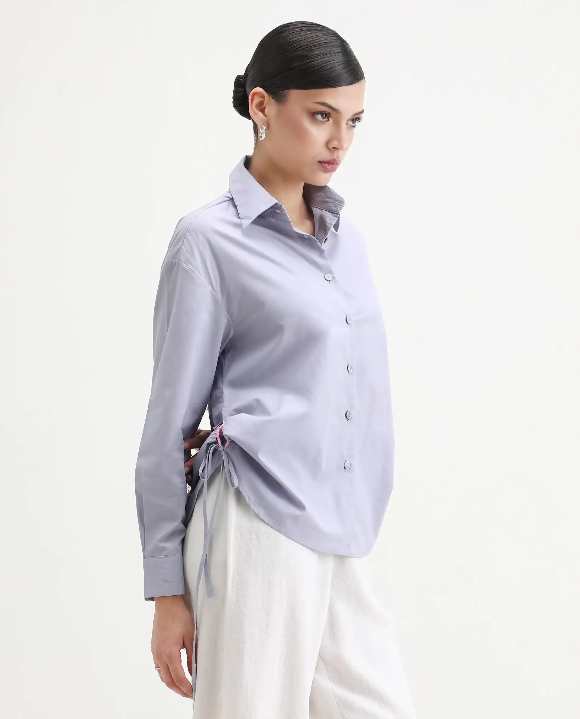 Rareism Women's Oisin Light Grey Cotton Spread Collar Plain Cuffed Sleeve Regular Fit Top