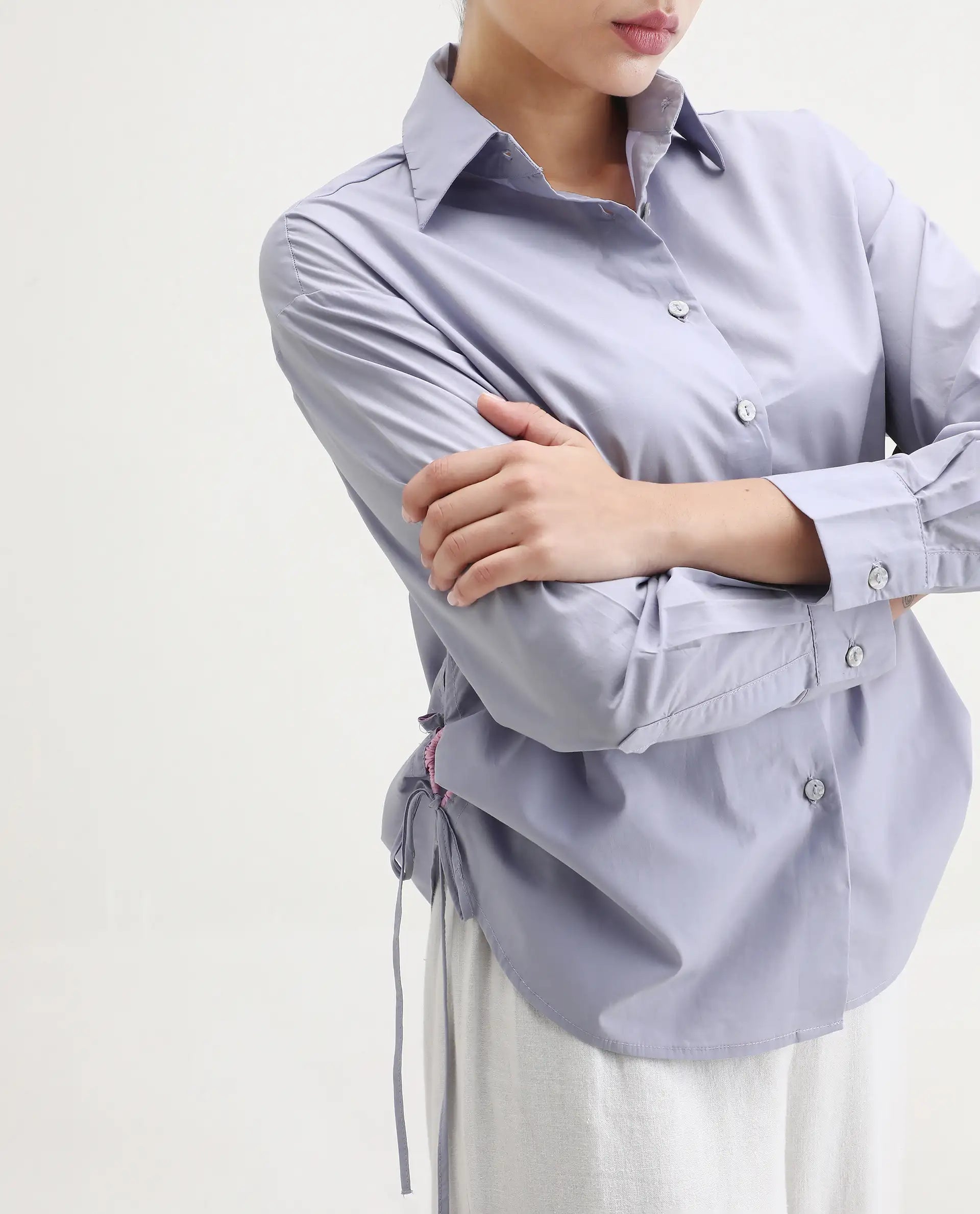 Rareism Women's Oisin Light Grey Cotton Spread Collar Plain Cuffed Sleeve Regular Fit Top