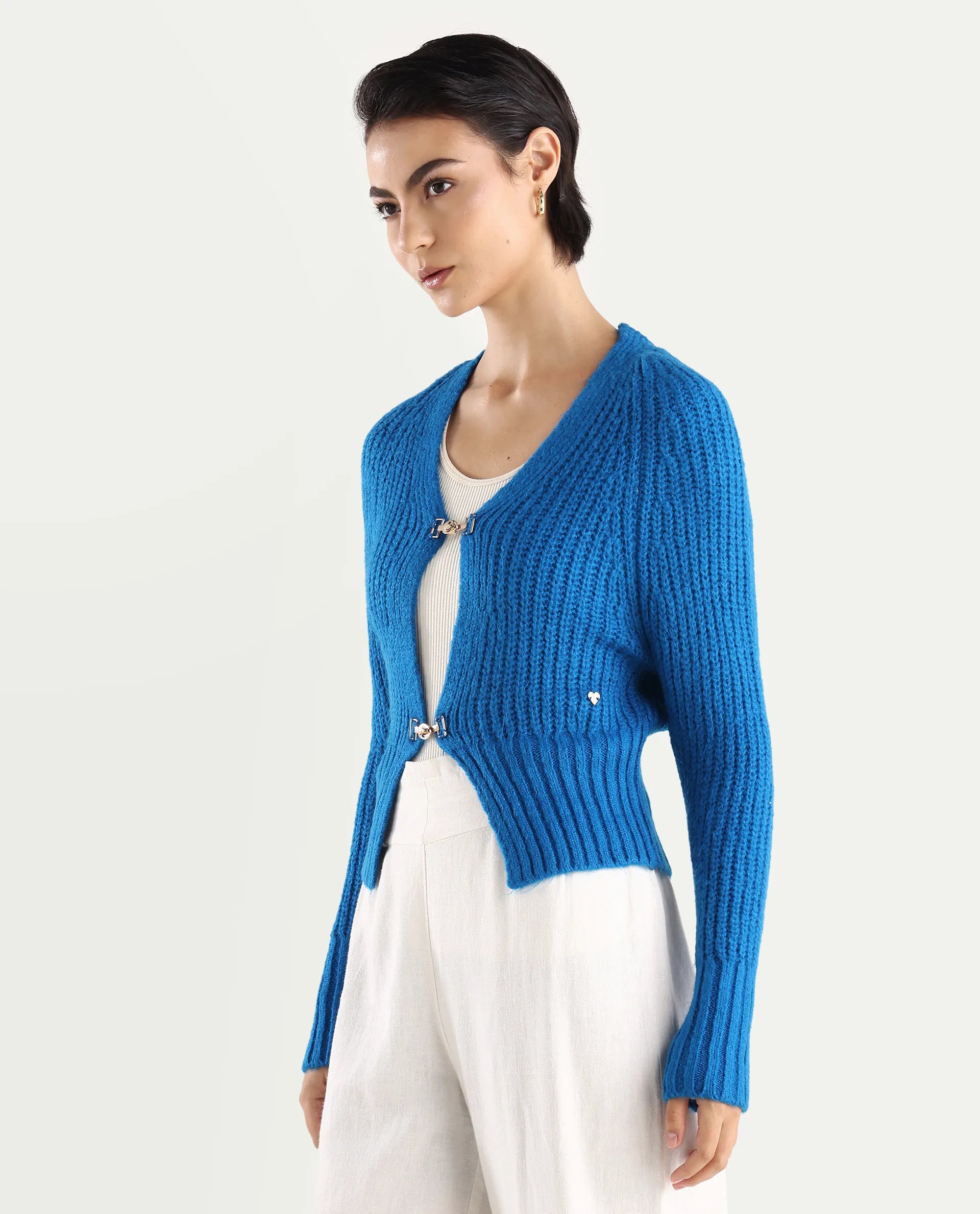 Rareism Women's Okali Blue V-Neck Plain Regular Fit Cardigan