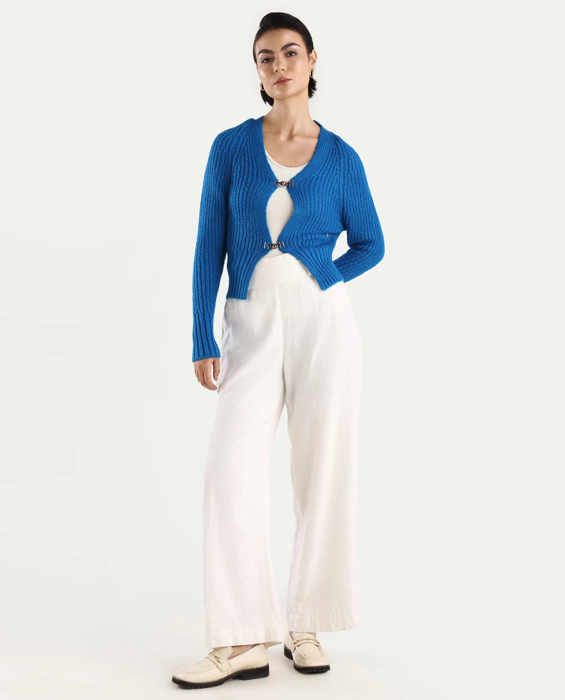 Rareism Women's Okali Blue V-Neck Plain Regular Fit Cardigan