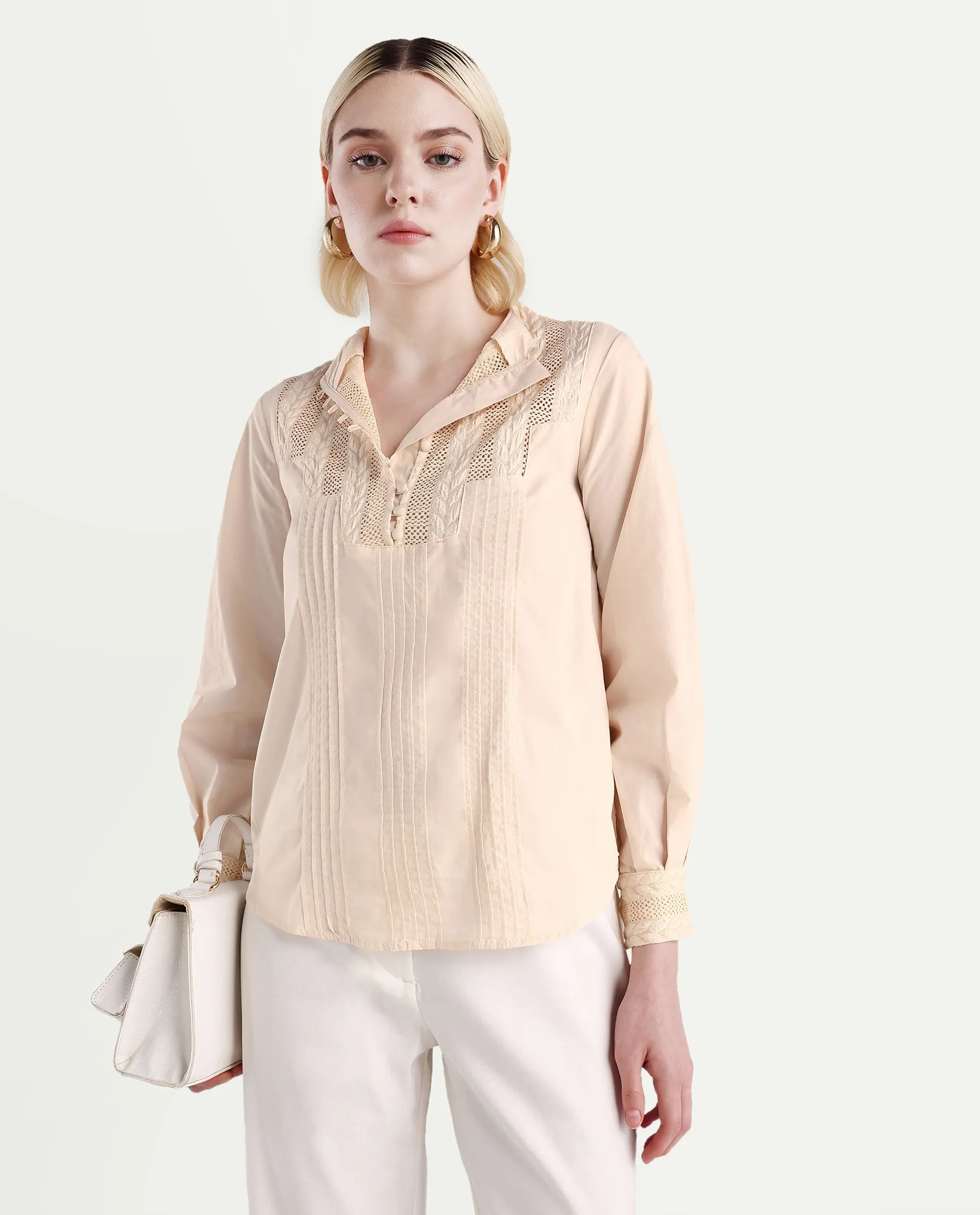 Rareism Women's Olafi Beige Cotton High Neck Plain Bishop Sleeve Regular Fit Top