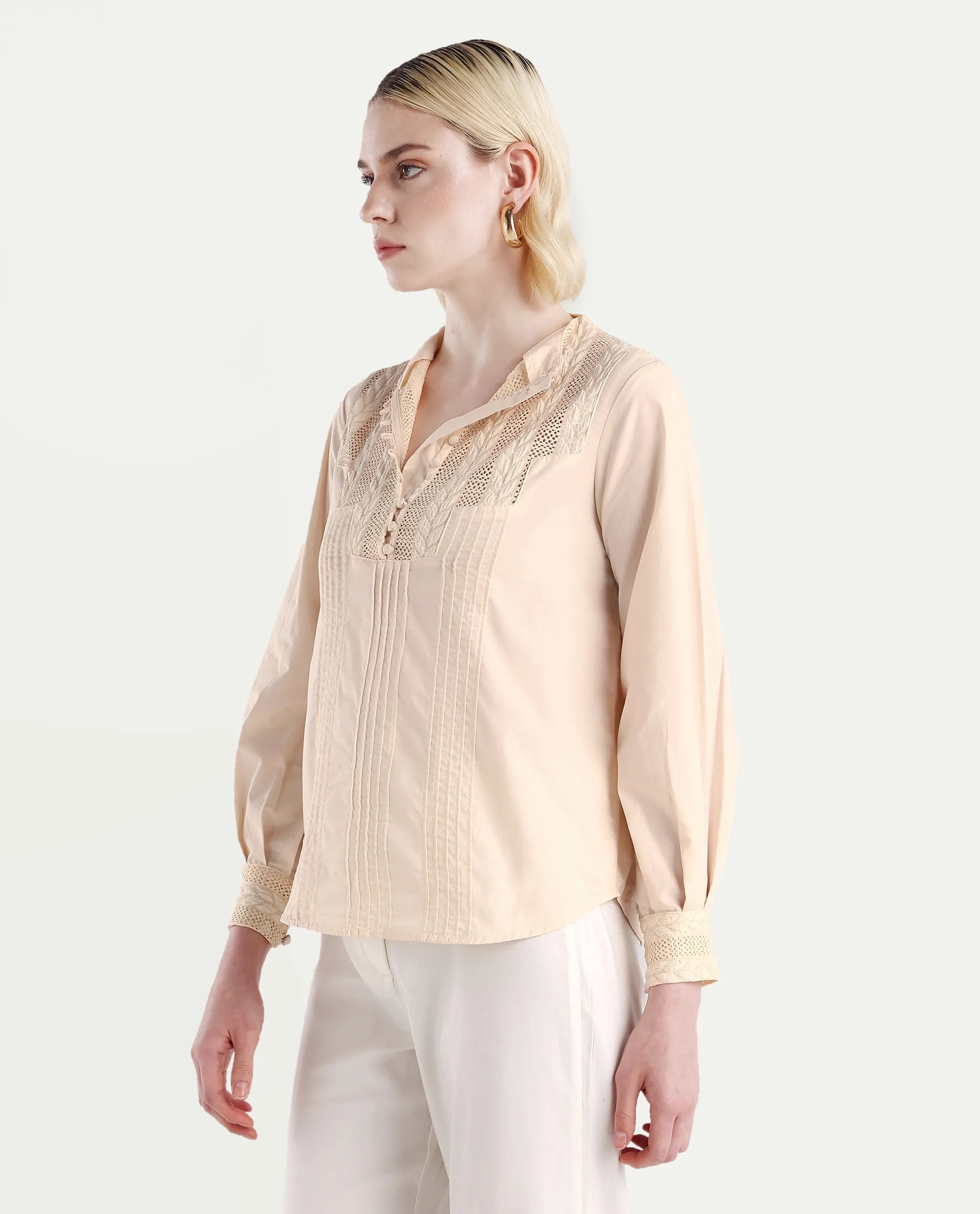 Rareism Women's Olafi Beige Cotton High Neck Plain Bishop Sleeve Regular Fit Top