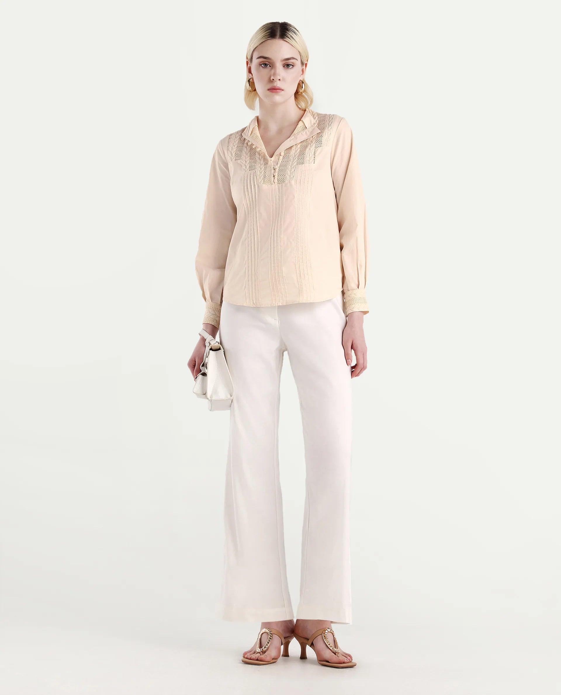 Rareism Women's Olafi Beige Cotton High Neck Plain Bishop Sleeve Regular Fit Top