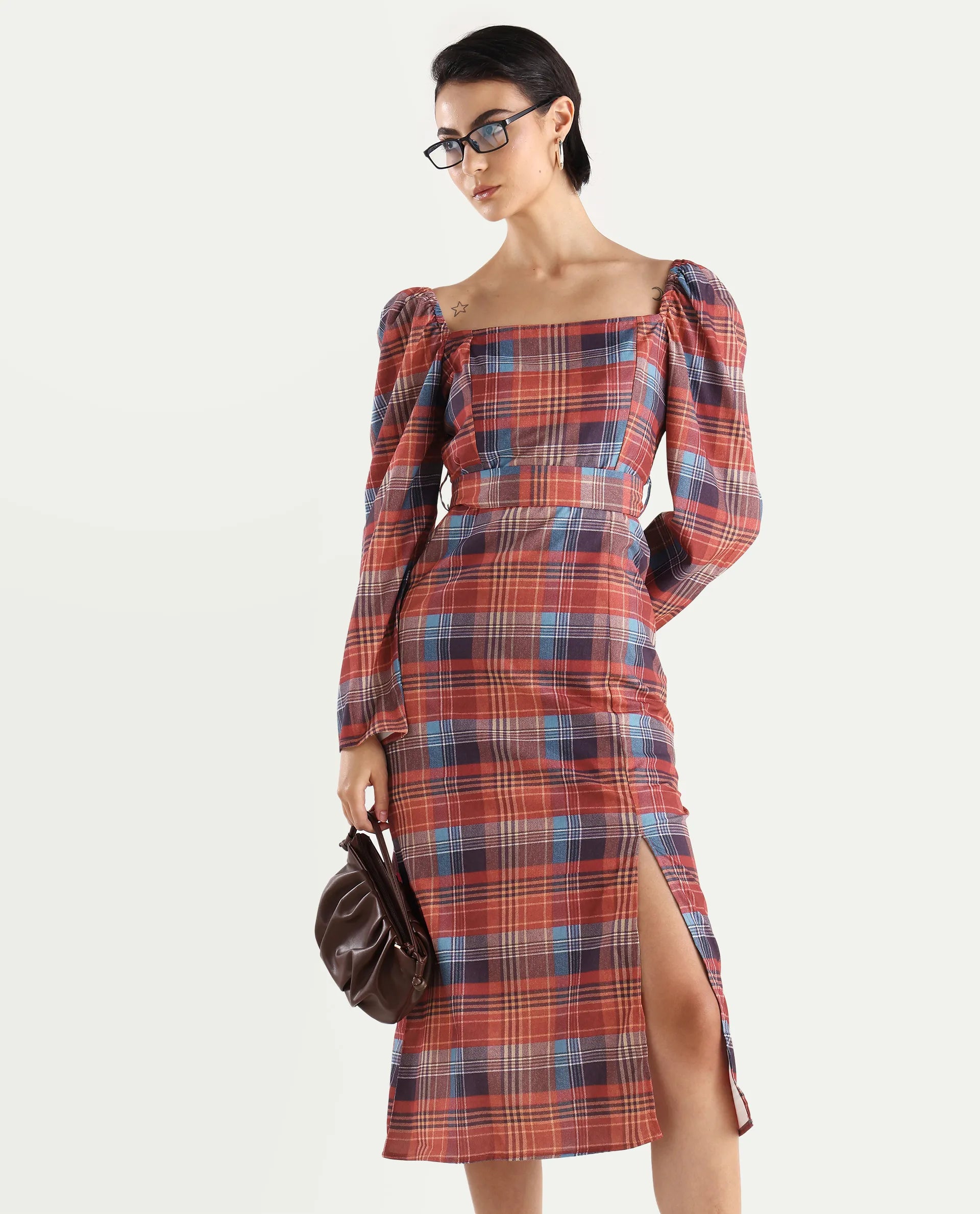 Rareism Women's Olappo Multi Polyester Blend Square Neck Checked Leg O Mutton Sleeve Midi Bodycon Dress