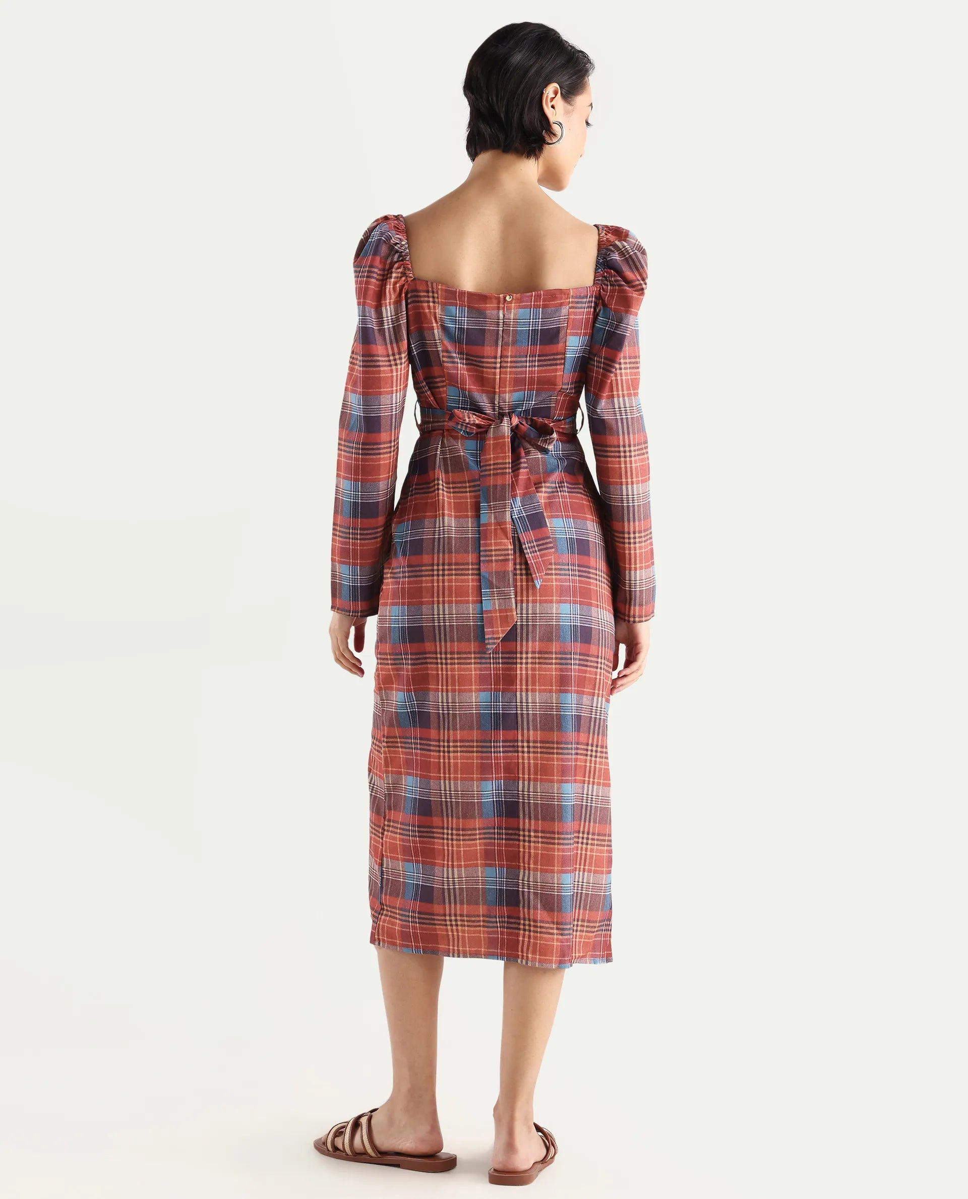 Rareism Women's Olappo Multi Polyester Blend Square Neck Checked Leg O Mutton Sleeve Midi Bodycon Dress