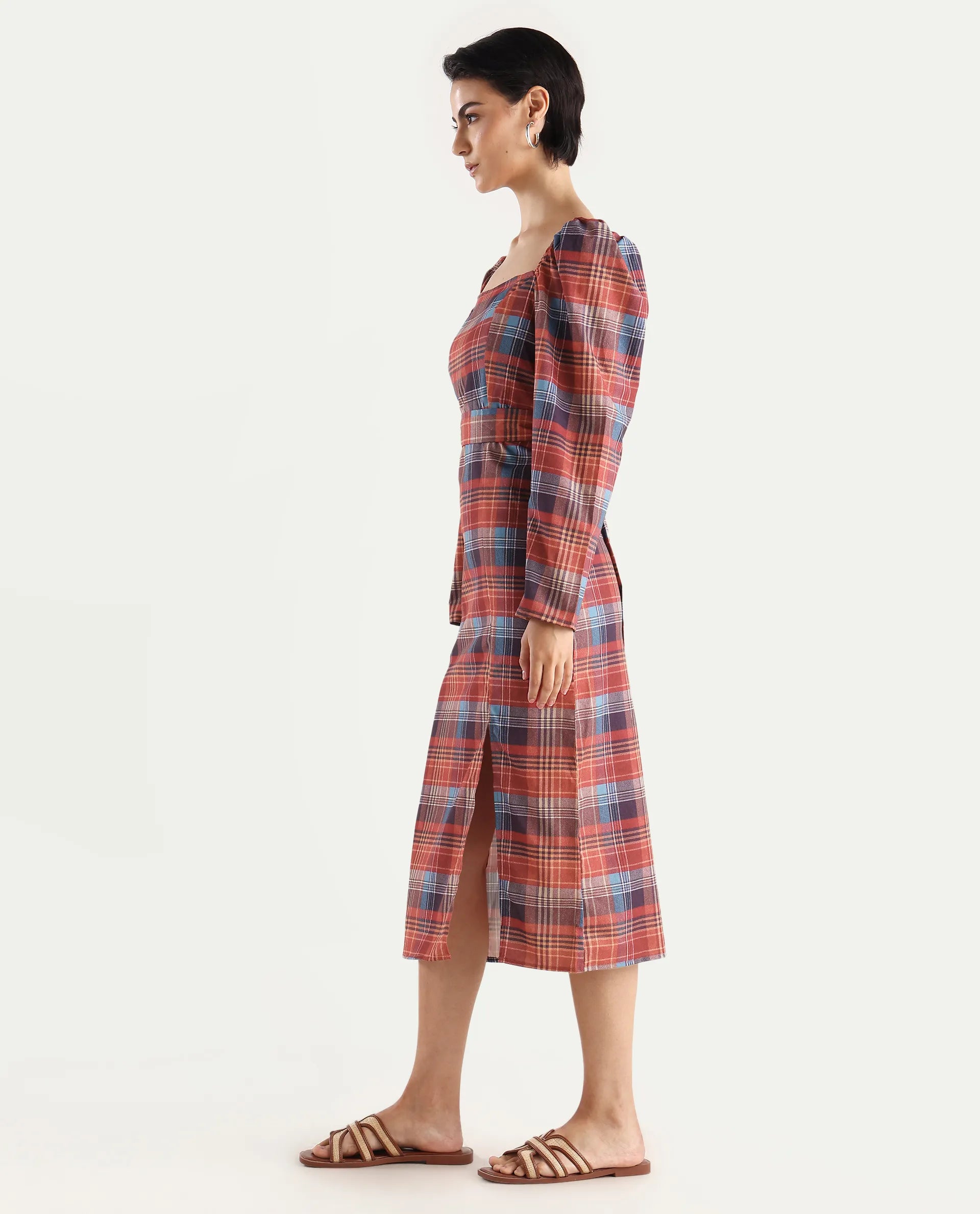 Rareism Women's Olappo Multi Polyester Blend Square Neck Checked Leg O Mutton Sleeve Midi Bodycon Dress