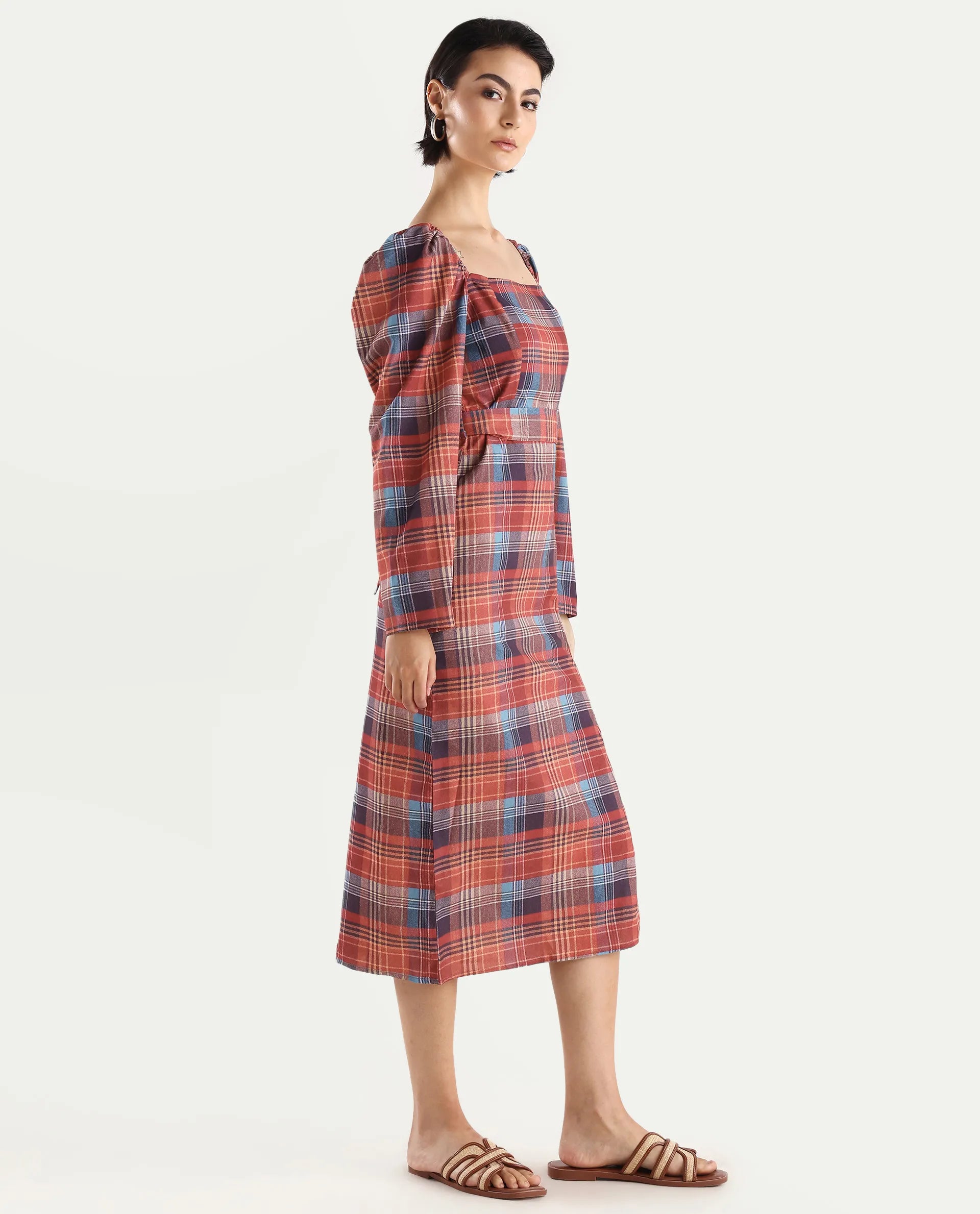 Rareism Women's Olappo Multi Polyester Blend Square Neck Checked Leg O Mutton Sleeve Midi Bodycon Dress