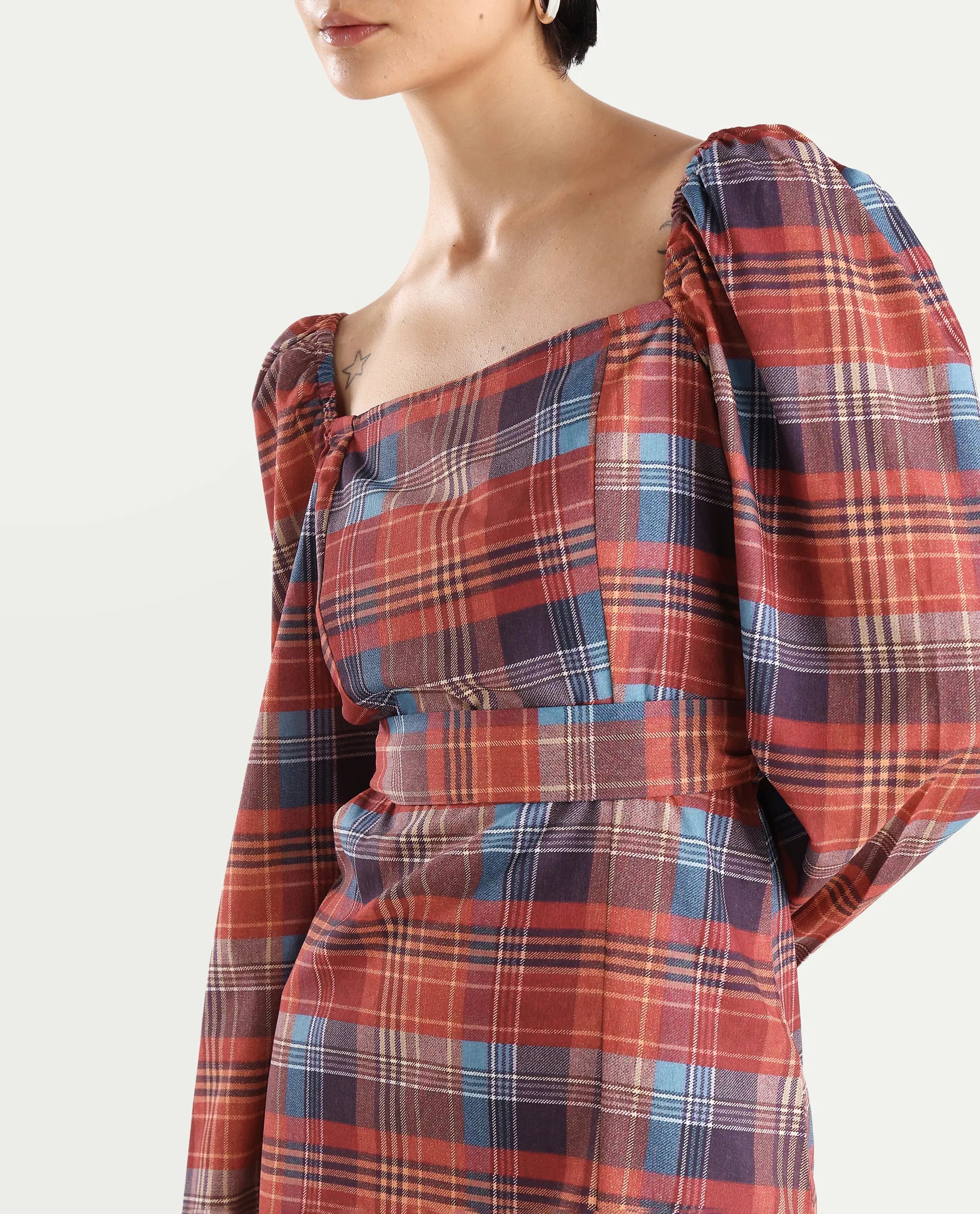 Rareism Women's Olappo Multi Polyester Blend Square Neck Checked Leg O Mutton Sleeve Midi Bodycon Dress