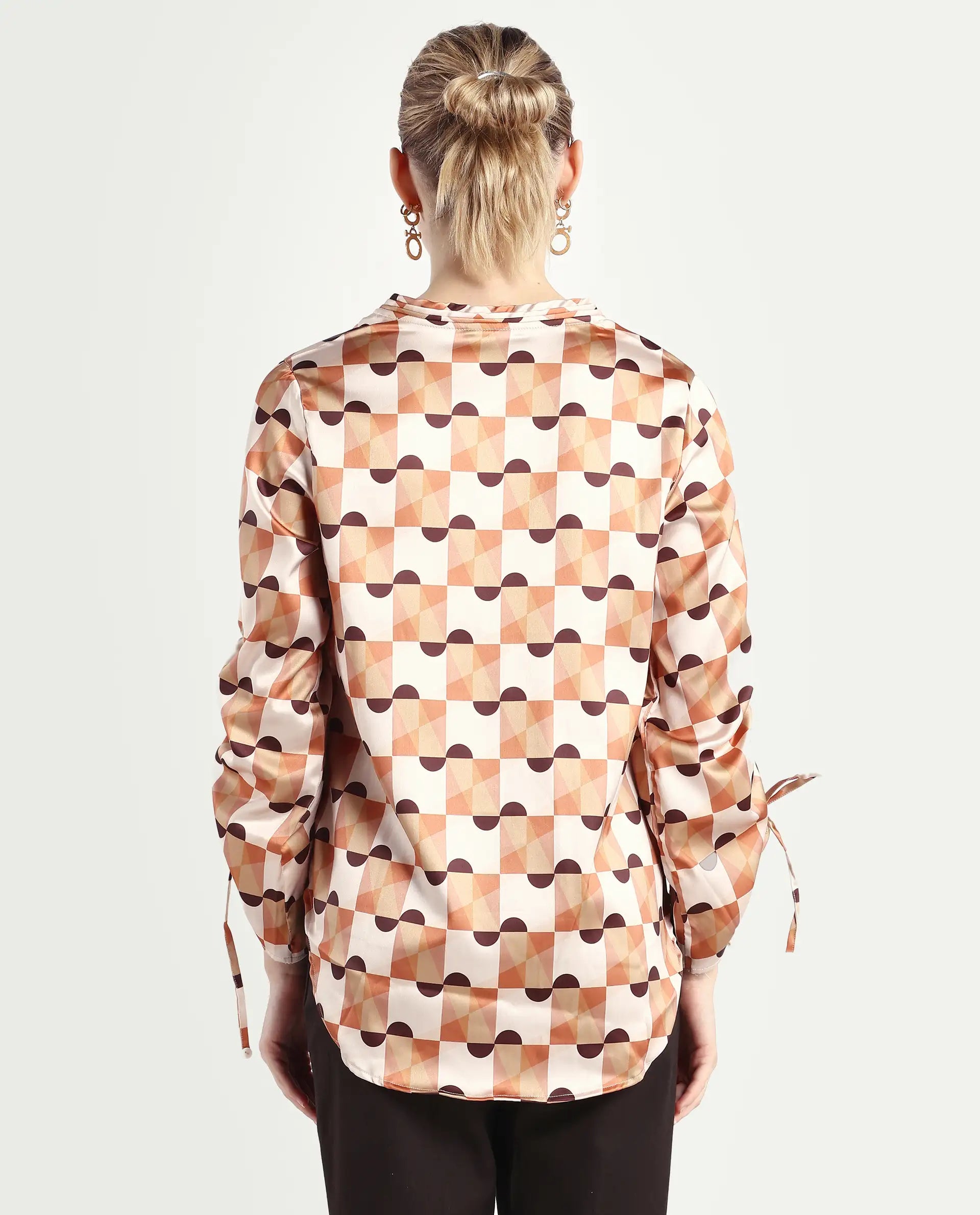 Rareism Women's Olbia Light Multi Polyester V-Neck Geometric Print Gathered Sleeve Regular Fit Top