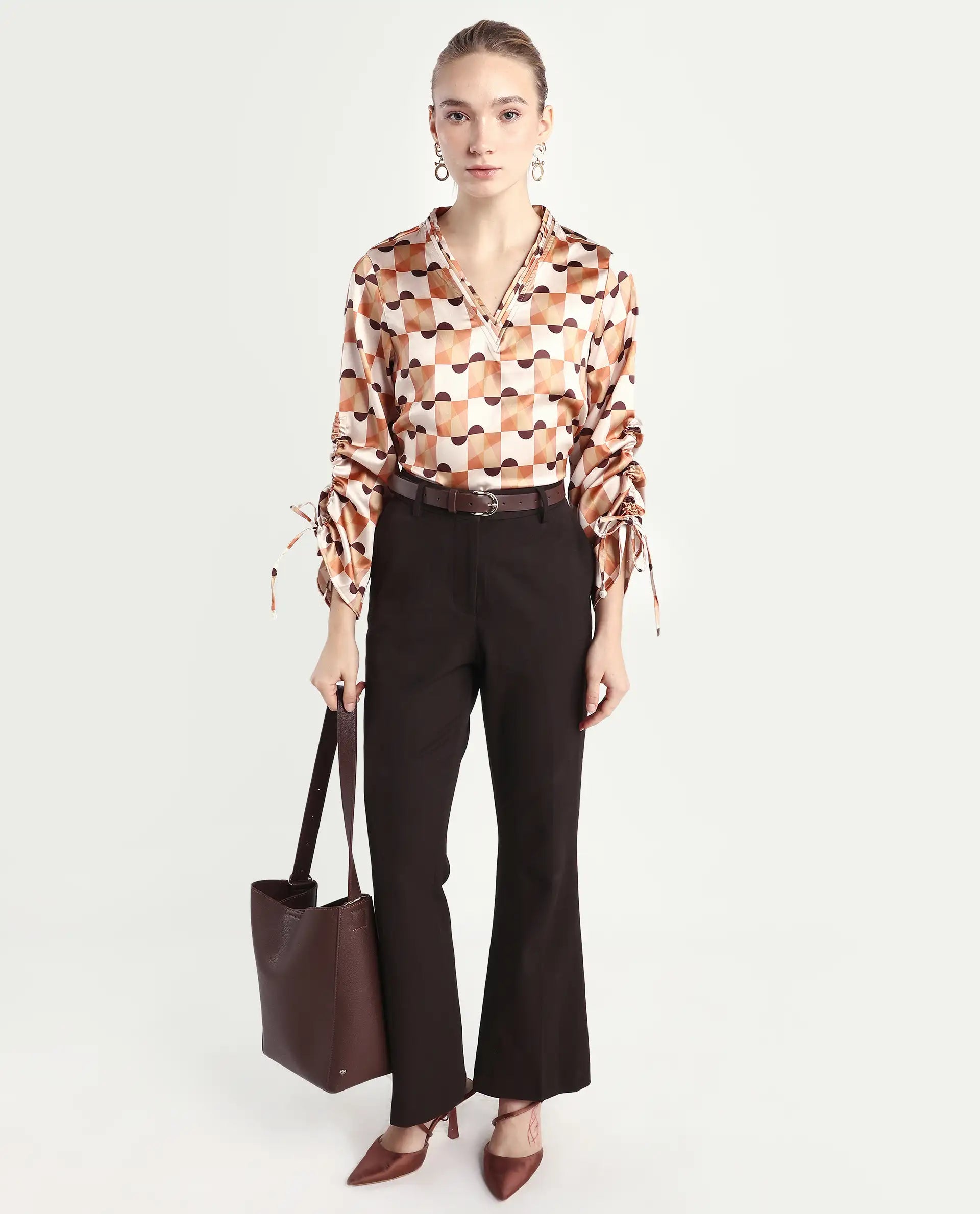 Rareism Women's Olbia Light Multi Polyester V-Neck Geometric Print Gathered Sleeve Regular Fit Top