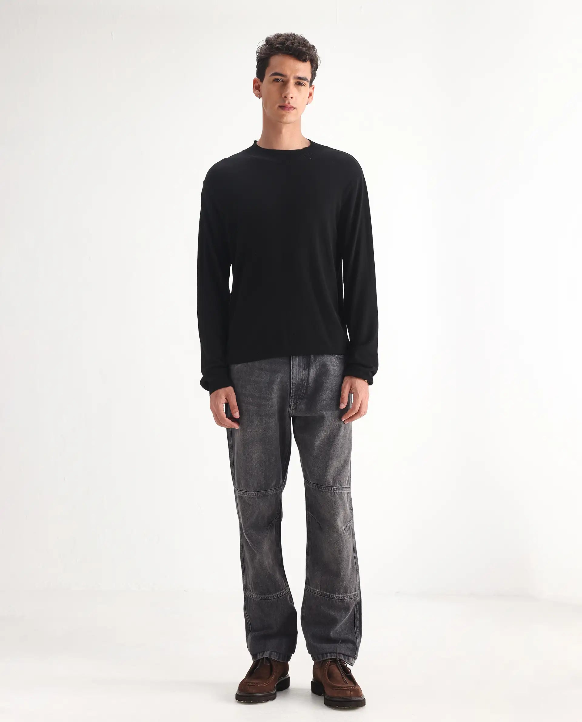 Rare Rabbit Men's Oleg Dark Grey Cotton Plain Morris Regular Fit Jeans