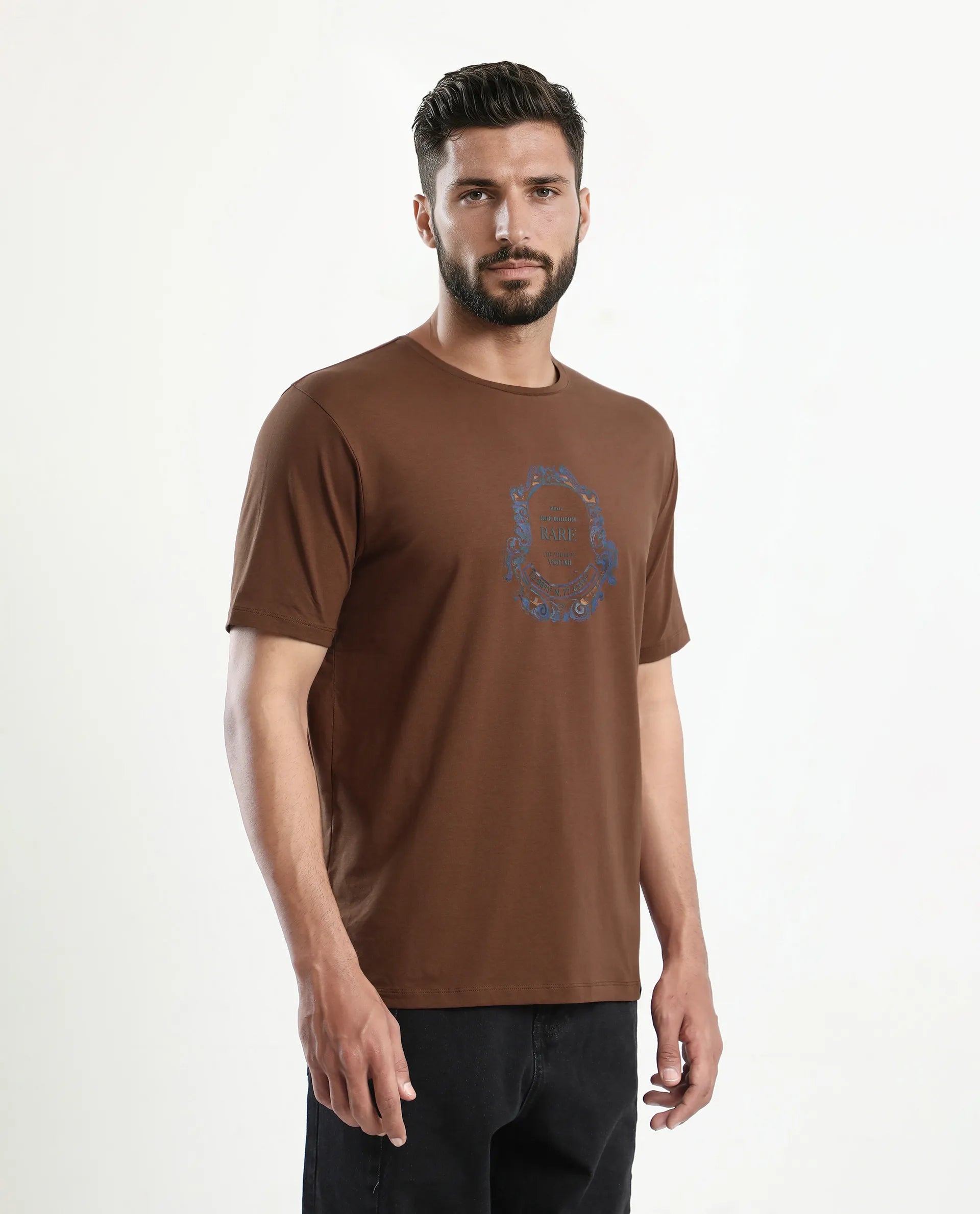 Rare Rabbit Men's Olen Brown Cotton Blend Graphic Print Regular Fit Half Sleeve Crew Neck T-Shirt