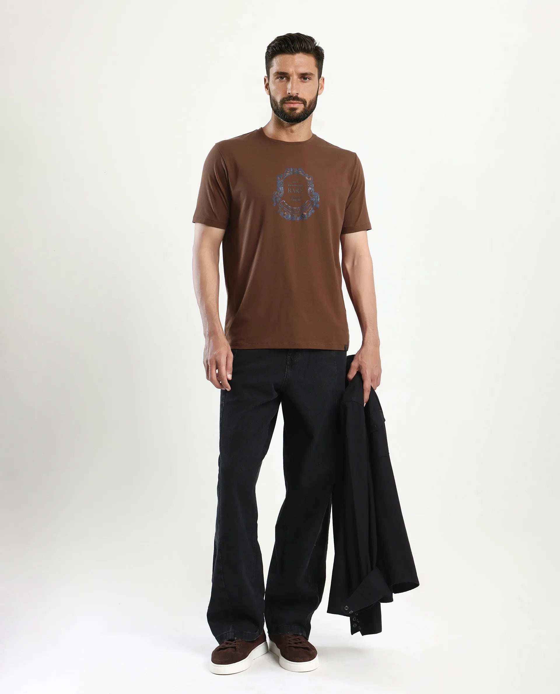 Rare Rabbit Men's Olen Brown Cotton Blend Graphic Print Regular Fit Half Sleeve Crew Neck T-Shirt