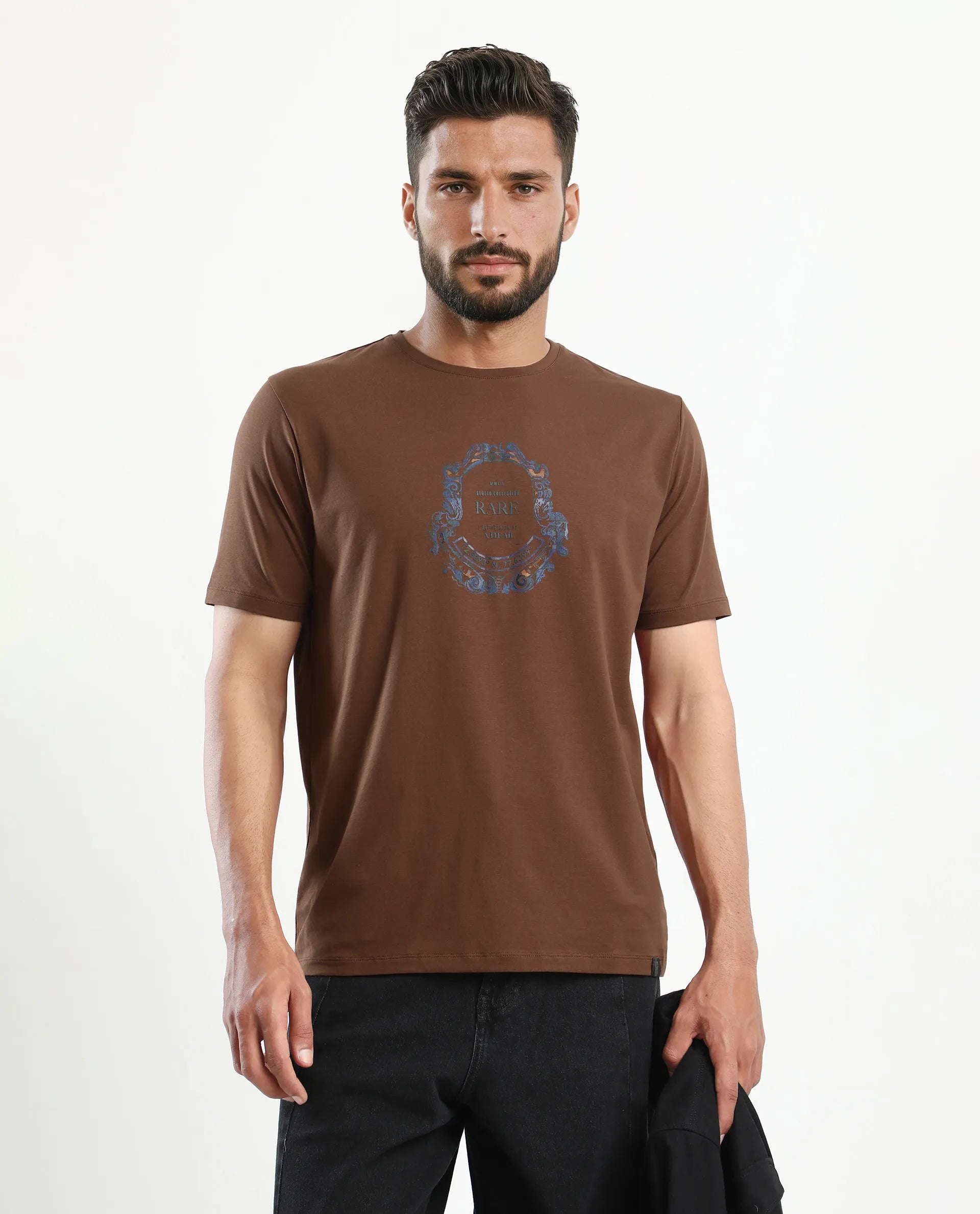 Rare Rabbit Men's Olen Brown Cotton Blend Graphic Print Regular Fit Half Sleeve Crew Neck T-Shirt