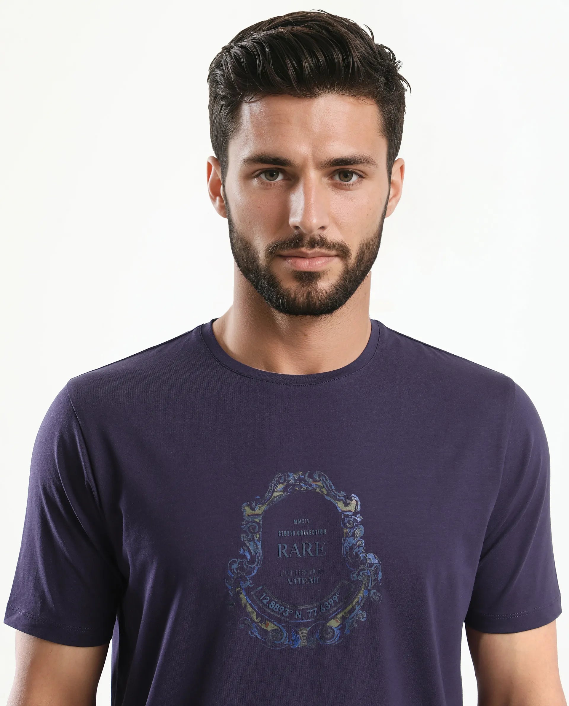 Rare Rabbit Men's Olen Dark Purple Cotton Blend Graphic Print Regular Fit Half Sleeve Crew Neck T-Shirt