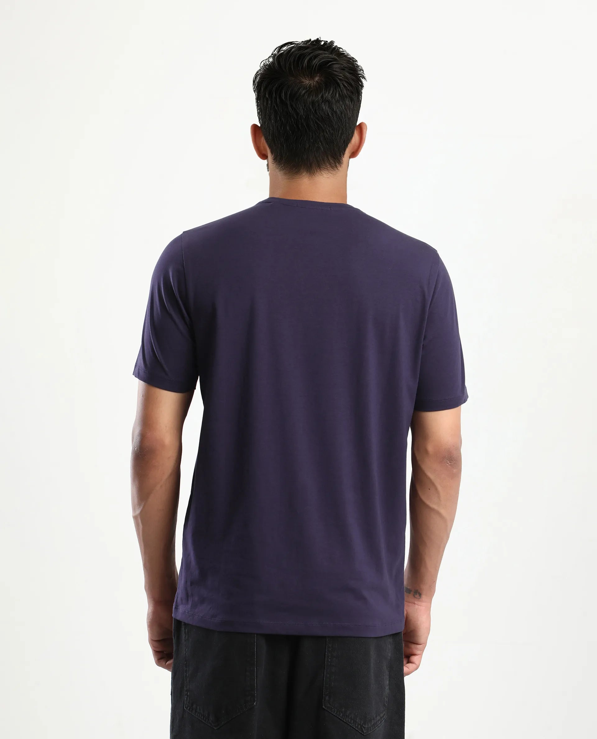 Rare Rabbit Men's Olen Dark Purple Cotton Blend Graphic Print Regular Fit Half Sleeve Crew Neck T-Shirt