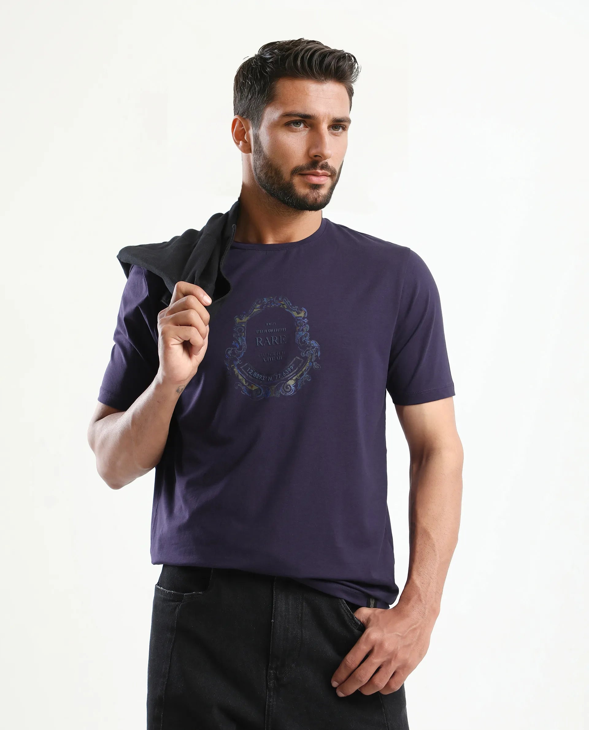 Rare Rabbit Men's Olen Dark Purple Cotton Blend Graphic Print Regular Fit Half Sleeve Crew Neck T-Shirt