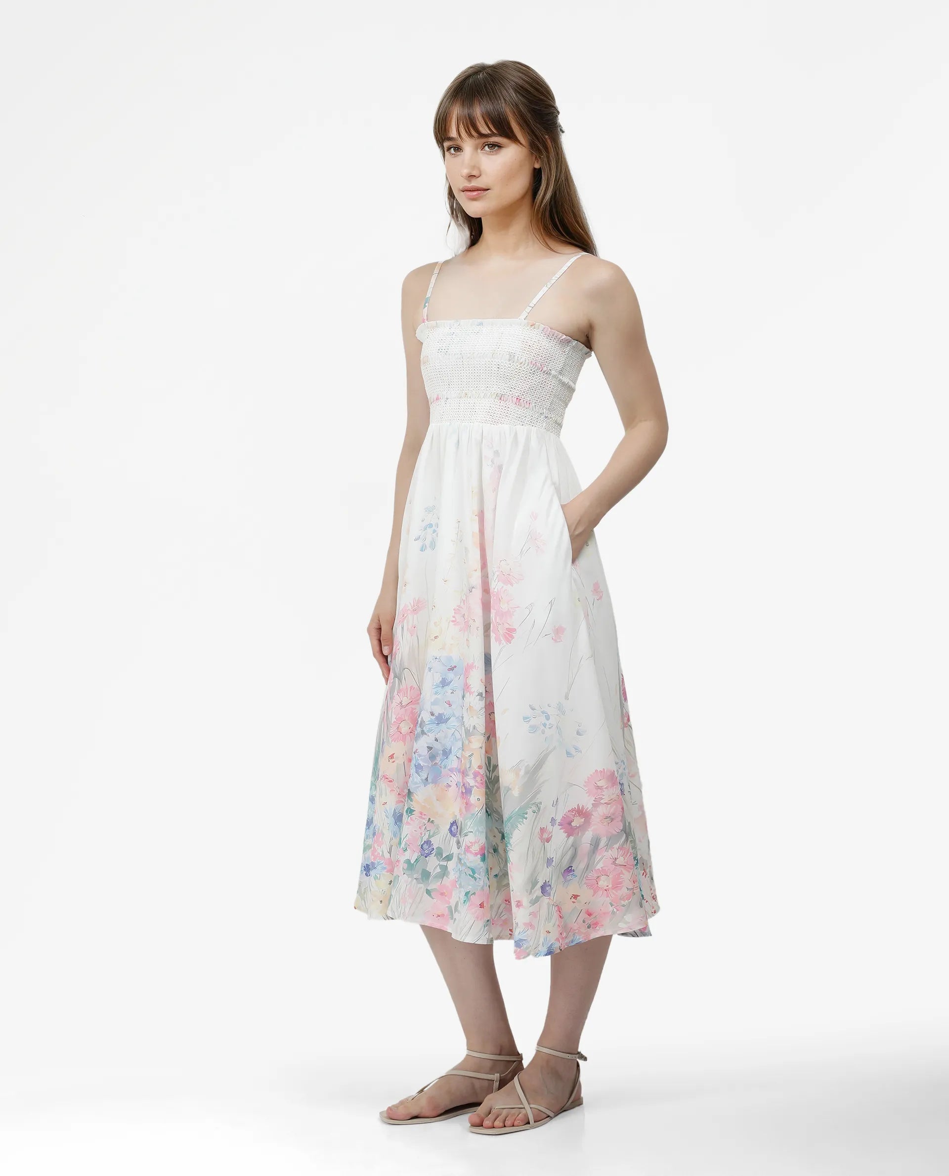 Rareism Women's Epsem Multi Polyester Blend Tube Neck Floral Print Sleeveless Midi Fit And Flare Dress