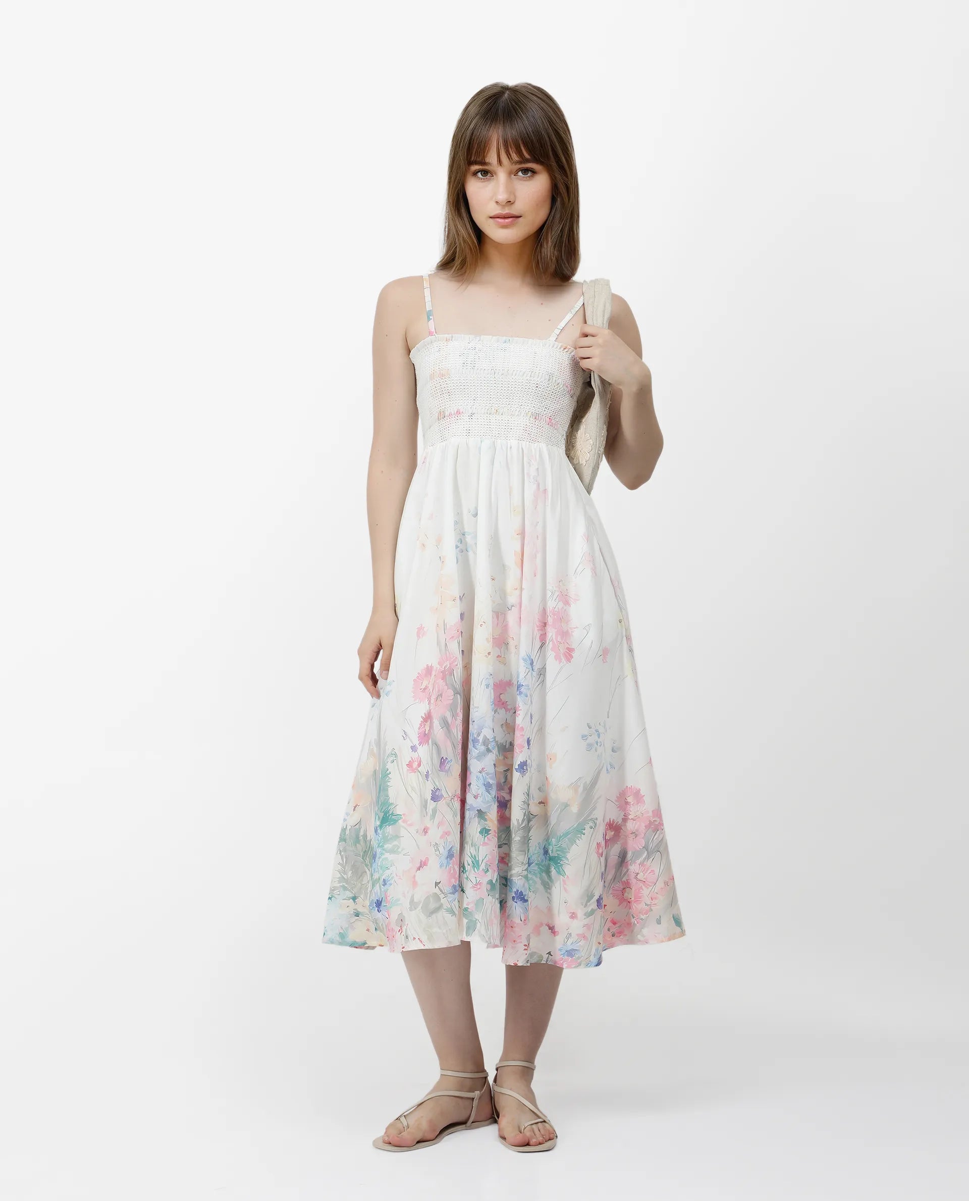 Rareism Women's Epsem Multi Polyester Blend Tube Neck Floral Print Sleeveless Midi Fit And Flare Dress