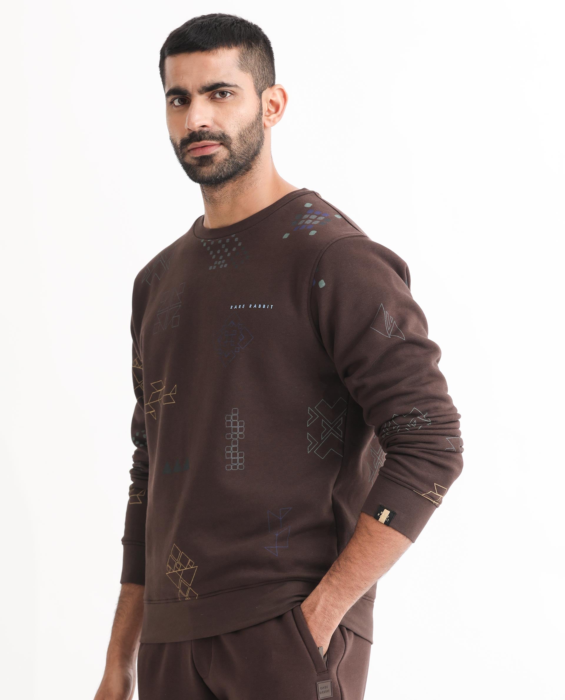 Rare Rabbit Men's Oli Brown Cotton Polyester Fabric Full Sleeves Graphic Print Sweatshirt