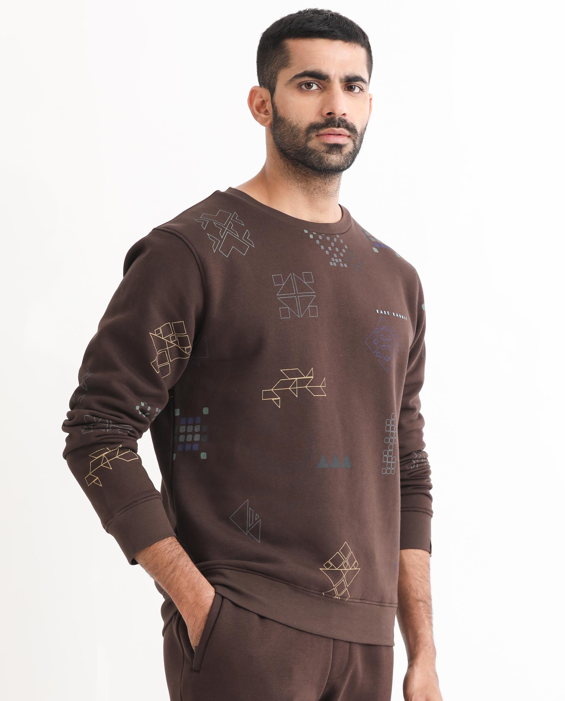 Rare Rabbit Men's Oli Brown Cotton Polyester Fabric Full Sleeves Graphic Print Sweatshirt